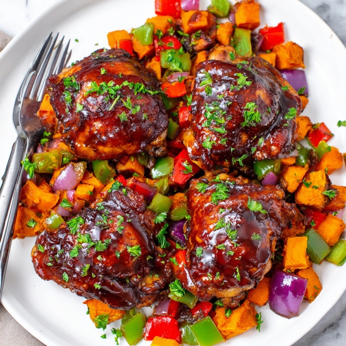 Maple Bourbon Chicken and Sweet Potato Hash: savory chicken glistening beside colorful hash.