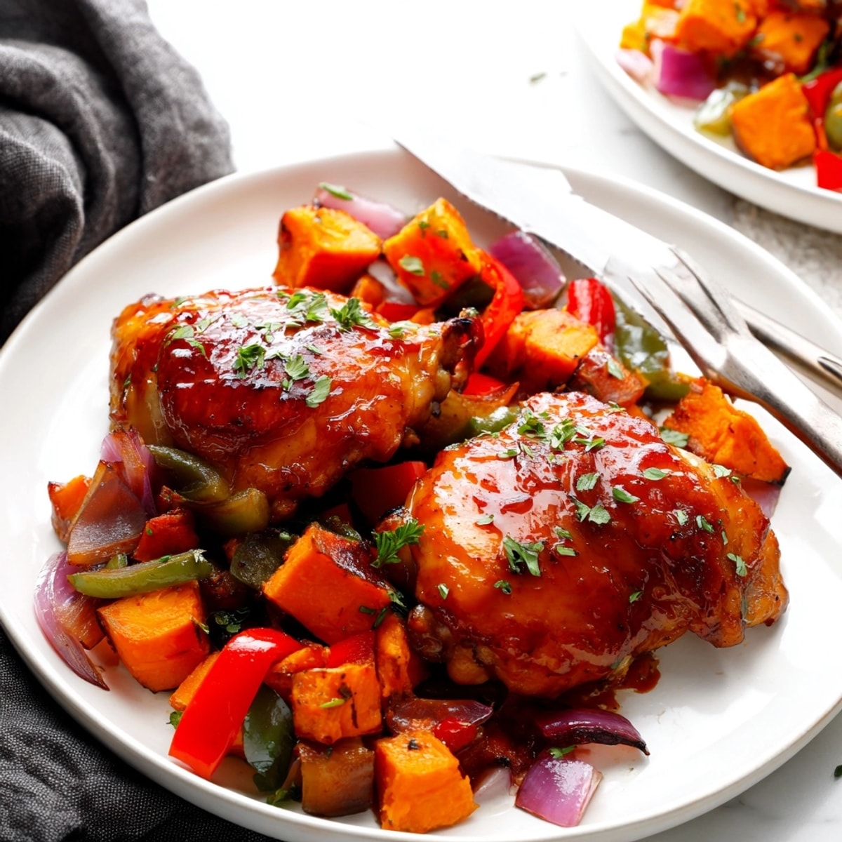 Rustic, home-cooked Maple Bourbon Chicken & Sweet Potato Hash, ready to be enjoyed.