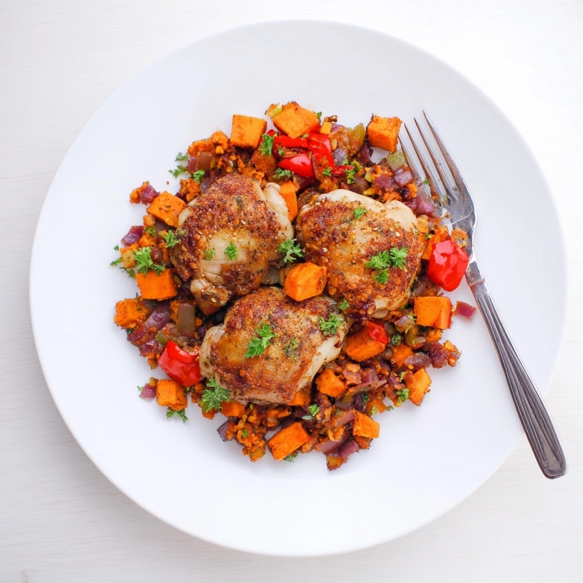 Golden Maple Bourbon Chicken recipe with a vibrant sweet potato and pepper hash.