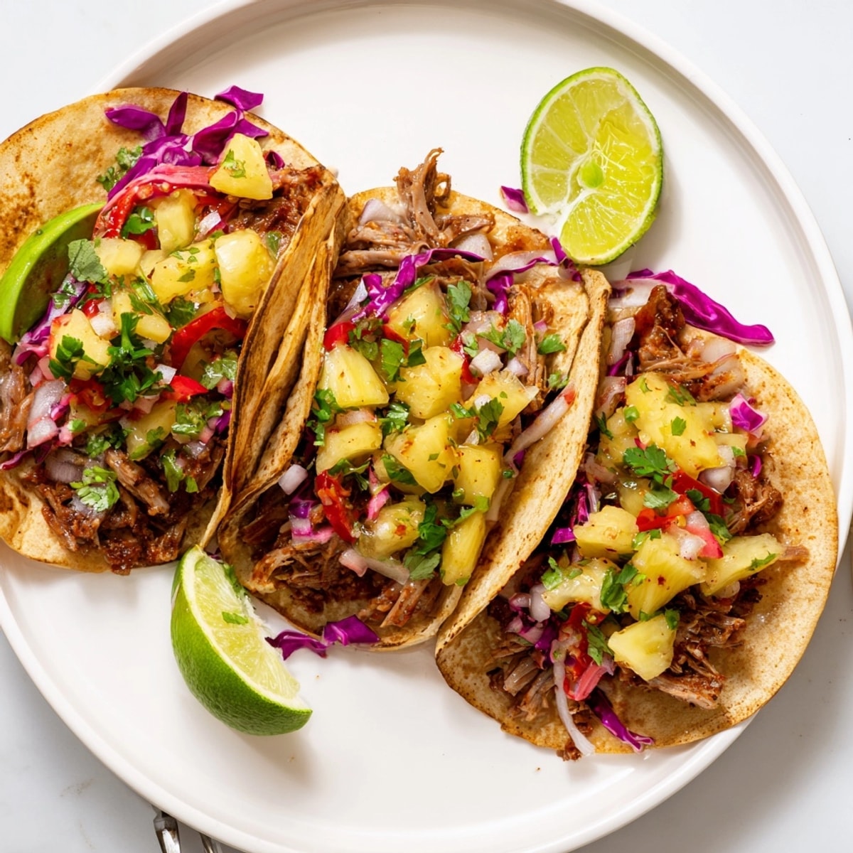 Sweet & Spicy Pineapple Pork Tacos: Flavorful pork nestled in warm tortillas, ready to serve.