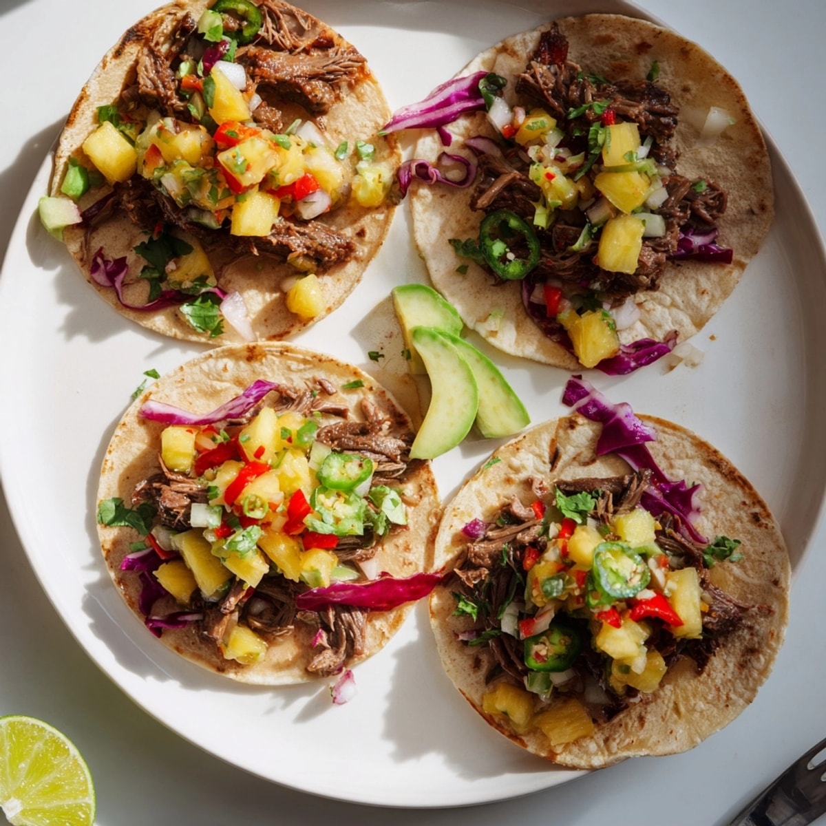 Golden-brown Sweet &amp; Spicy Pineapple Pork Tacos with vibrant, fresh salsa; a summer dinner.