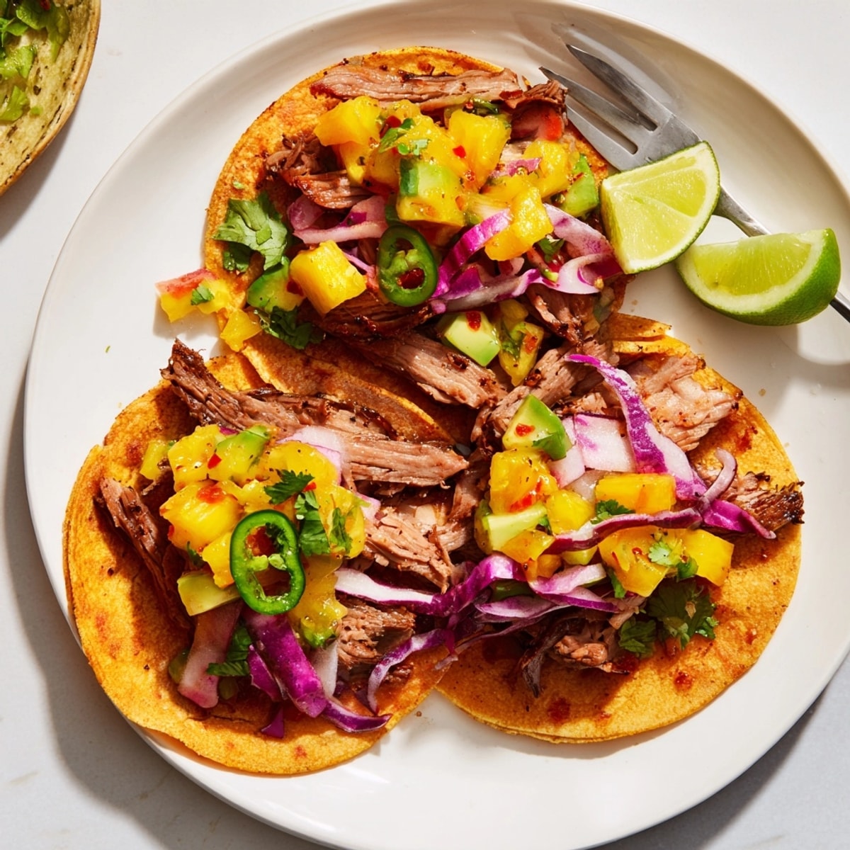 Close-up of juicy Sweet &amp; Spicy Pineapple Pork Tacos topped with creamy avocado slices.