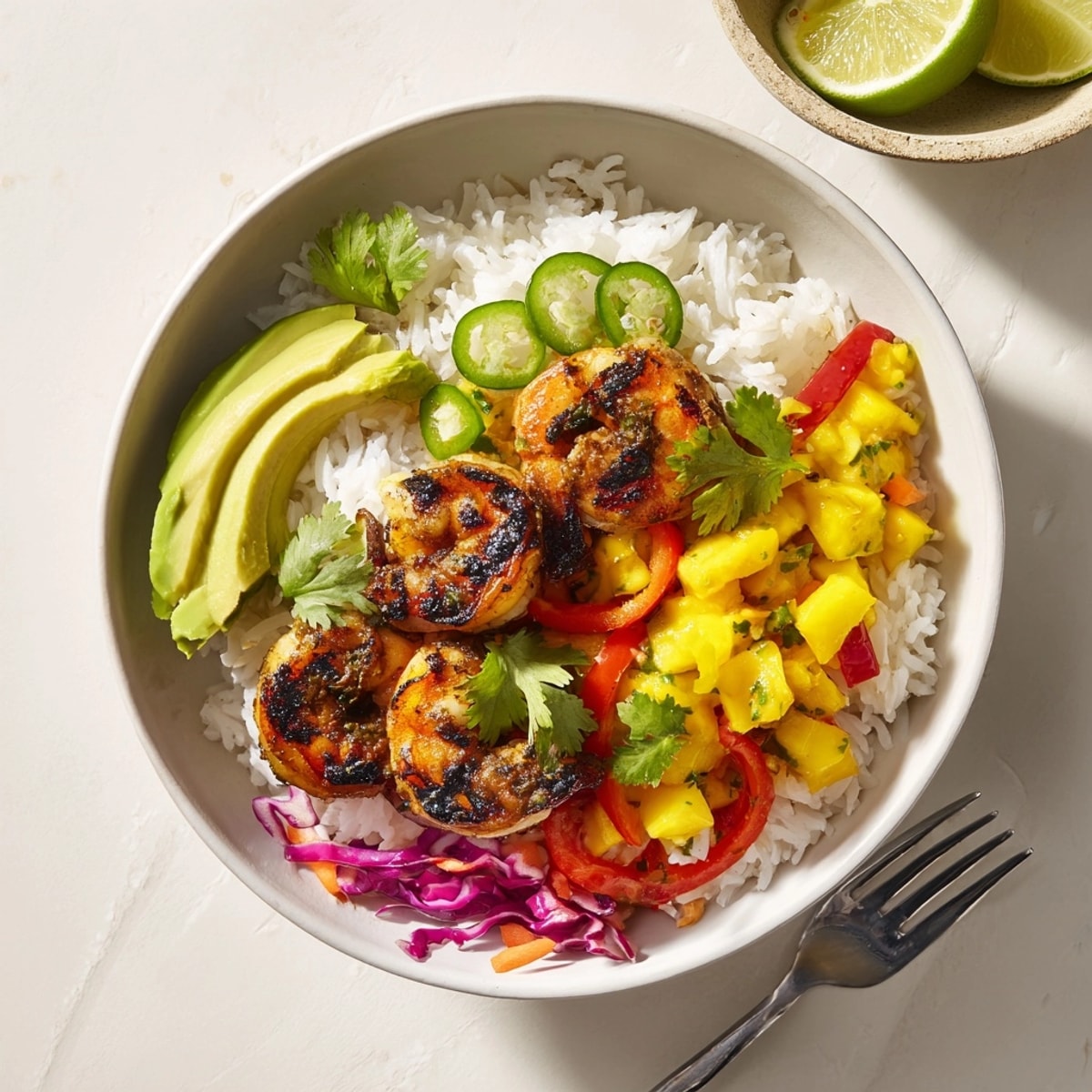Overhead vibrant Cilantro Lime Shrimp & Mango Salsa Bowls ready for a tasty lunch.