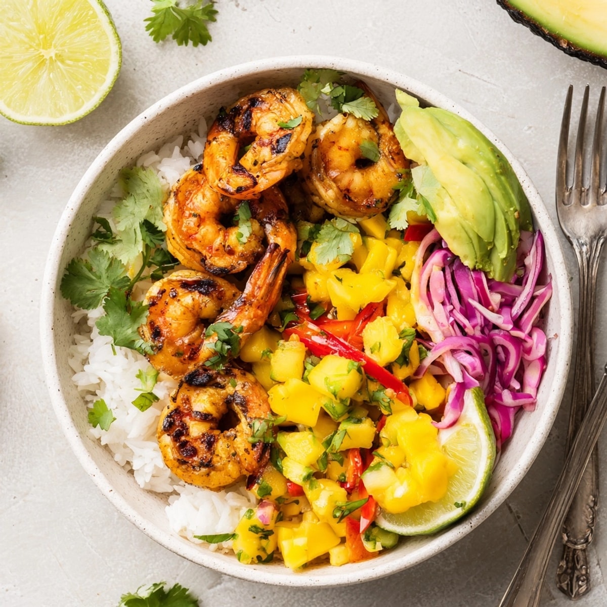 Freshly made Cilantro Lime Shrimp & Mango Salsa Bowls: tropical flavors meet zesty delight.