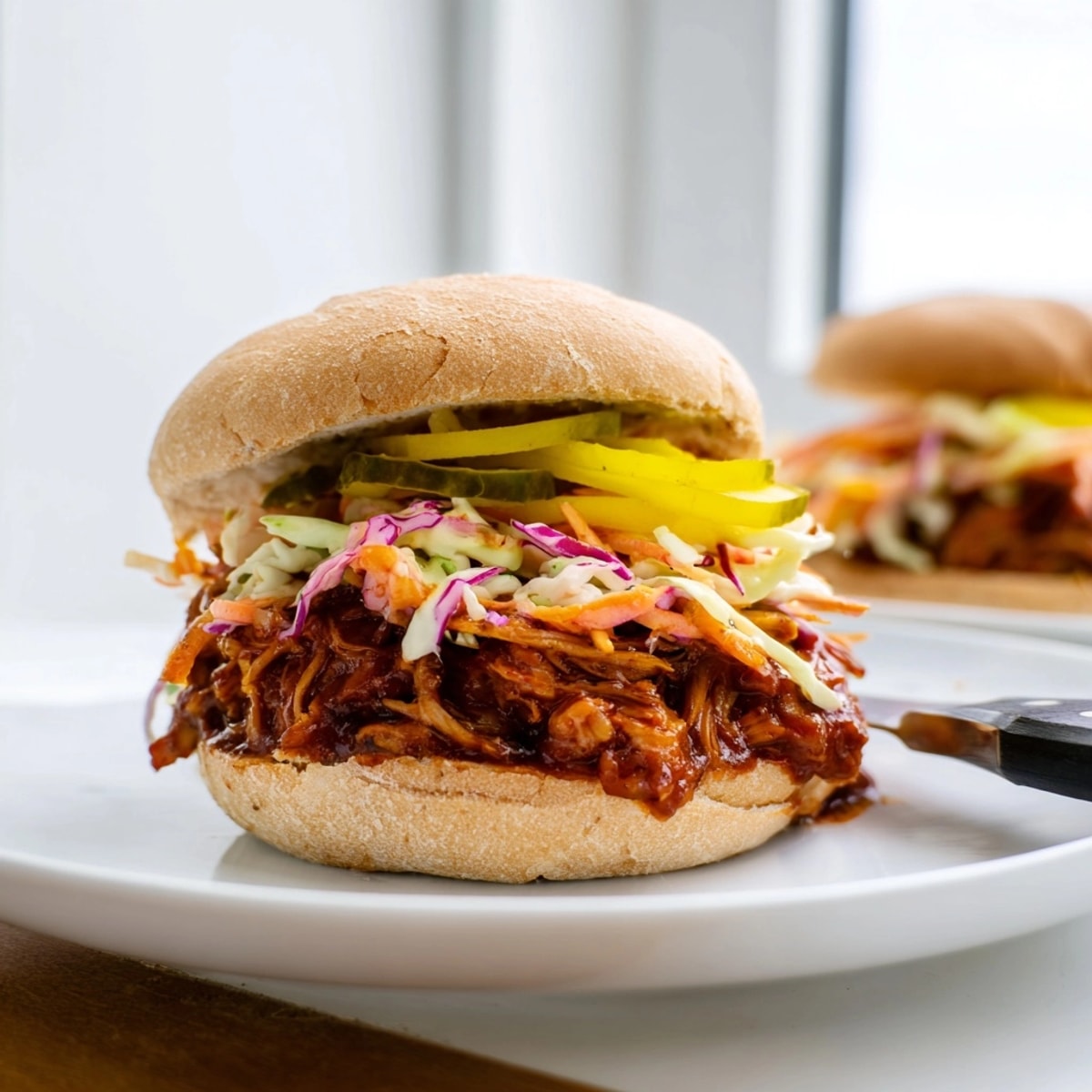Close-up of juicy BBQ Jackfruit Pulled Pork Sandwiches, topped with creamy coleslaw.