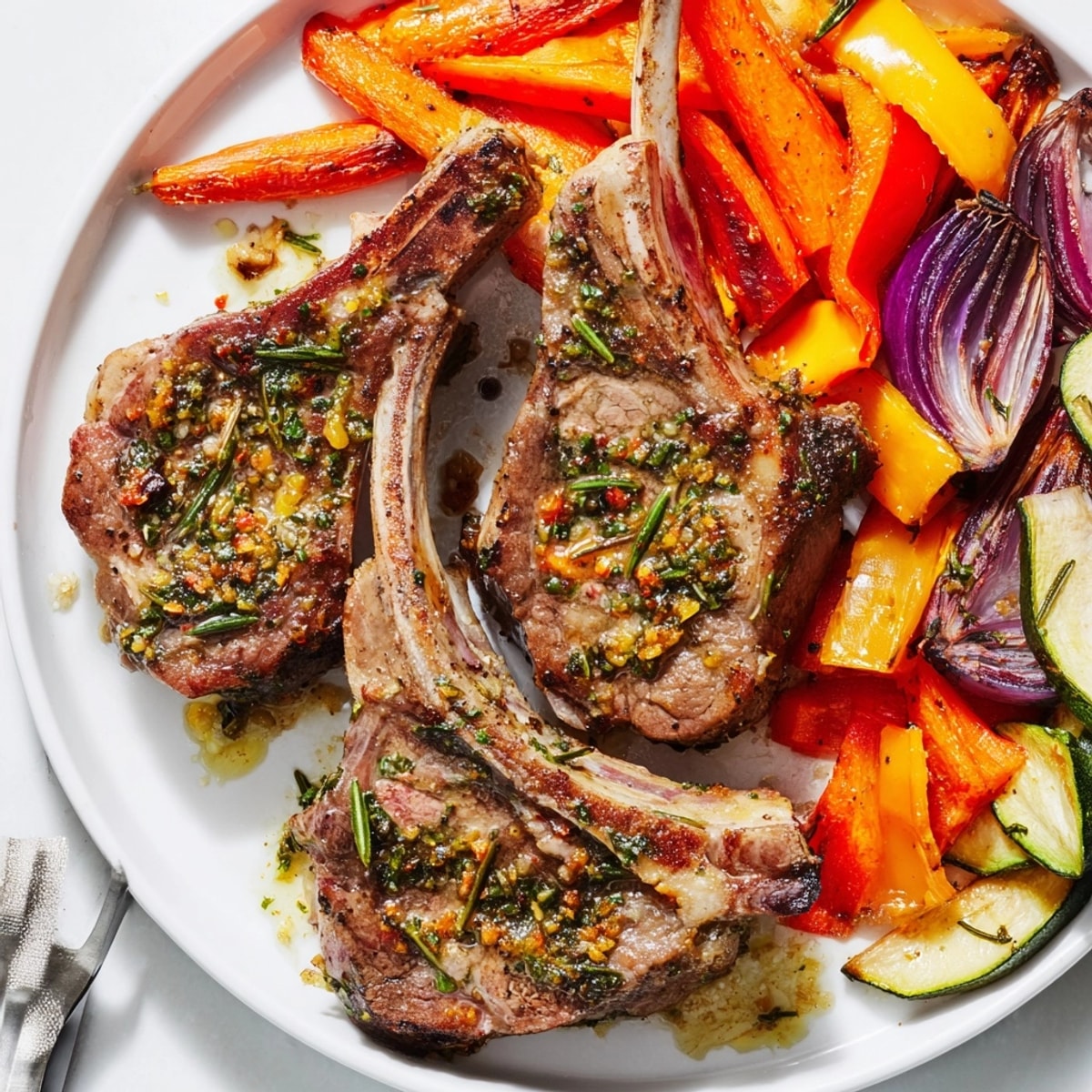 Juicy Lemon Herb Lamb Chops resting near tender roasted vegetables, a vibrant dinner.