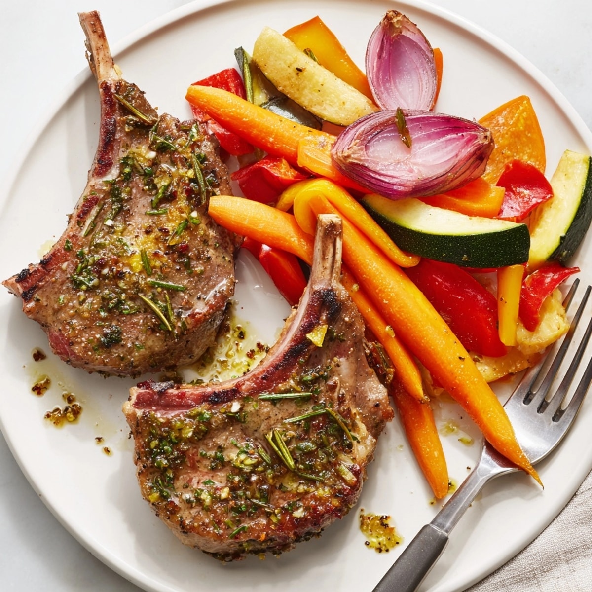 Savory Lemon Herb Lamb Chops sizzling amidst colorful roasted peppers and zucchini, oven-baked.
