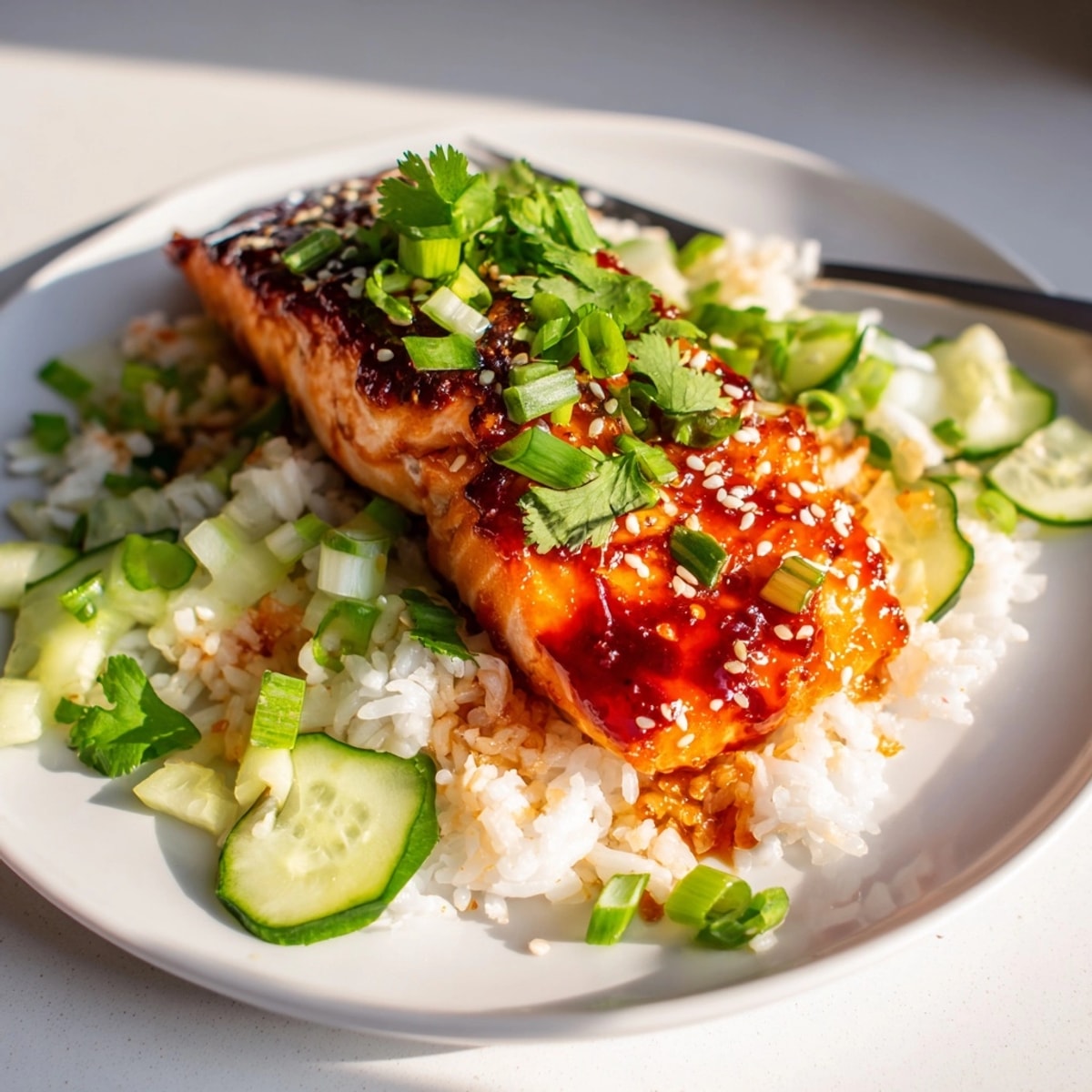 Juicy Sriracha Glazed Salmon with Cucumber Rice, a flavorful and healthy Asian-fusion meal.