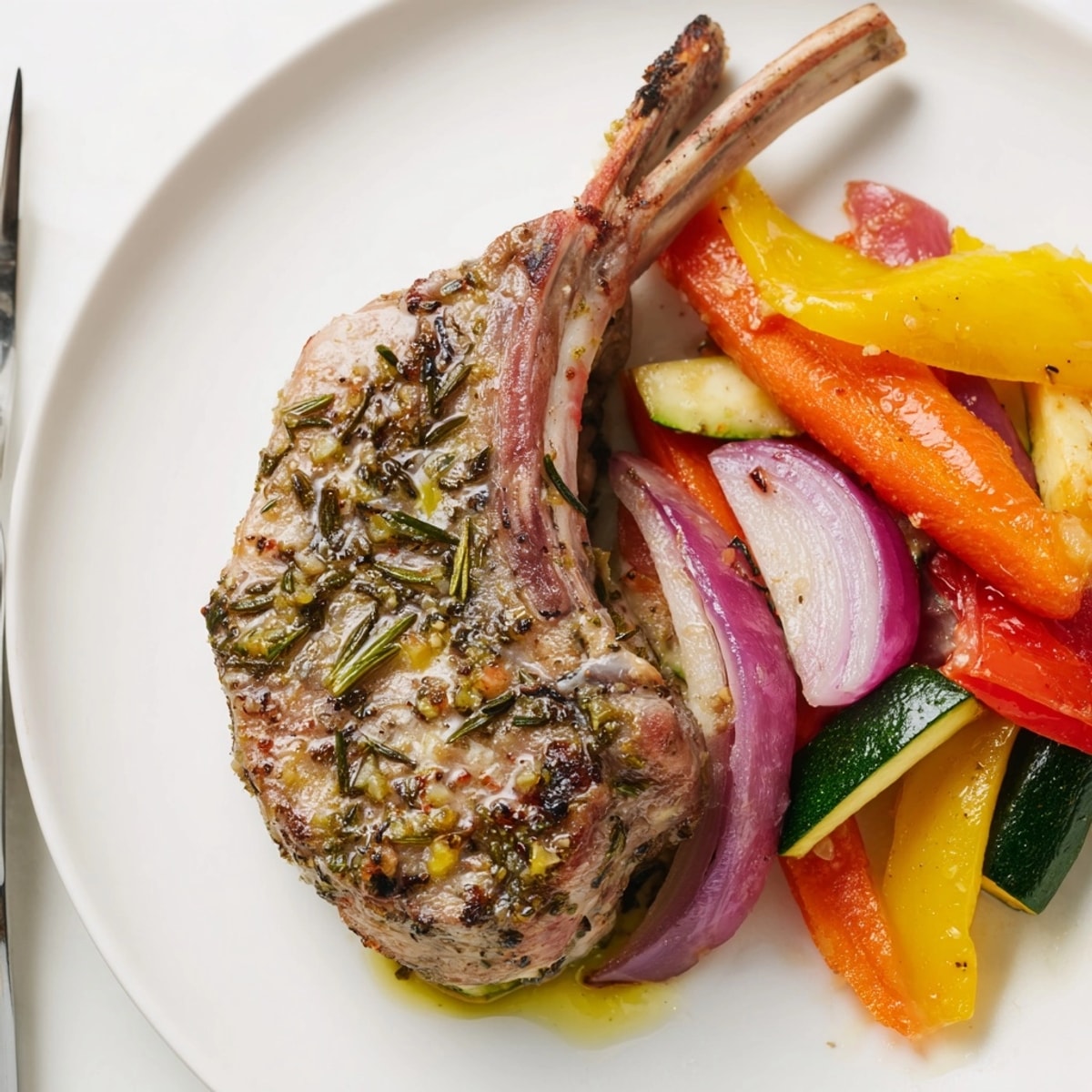 Plated Lemon Herb Lamb Chops with bright, flavorful roasted vegetables, ready to serve.