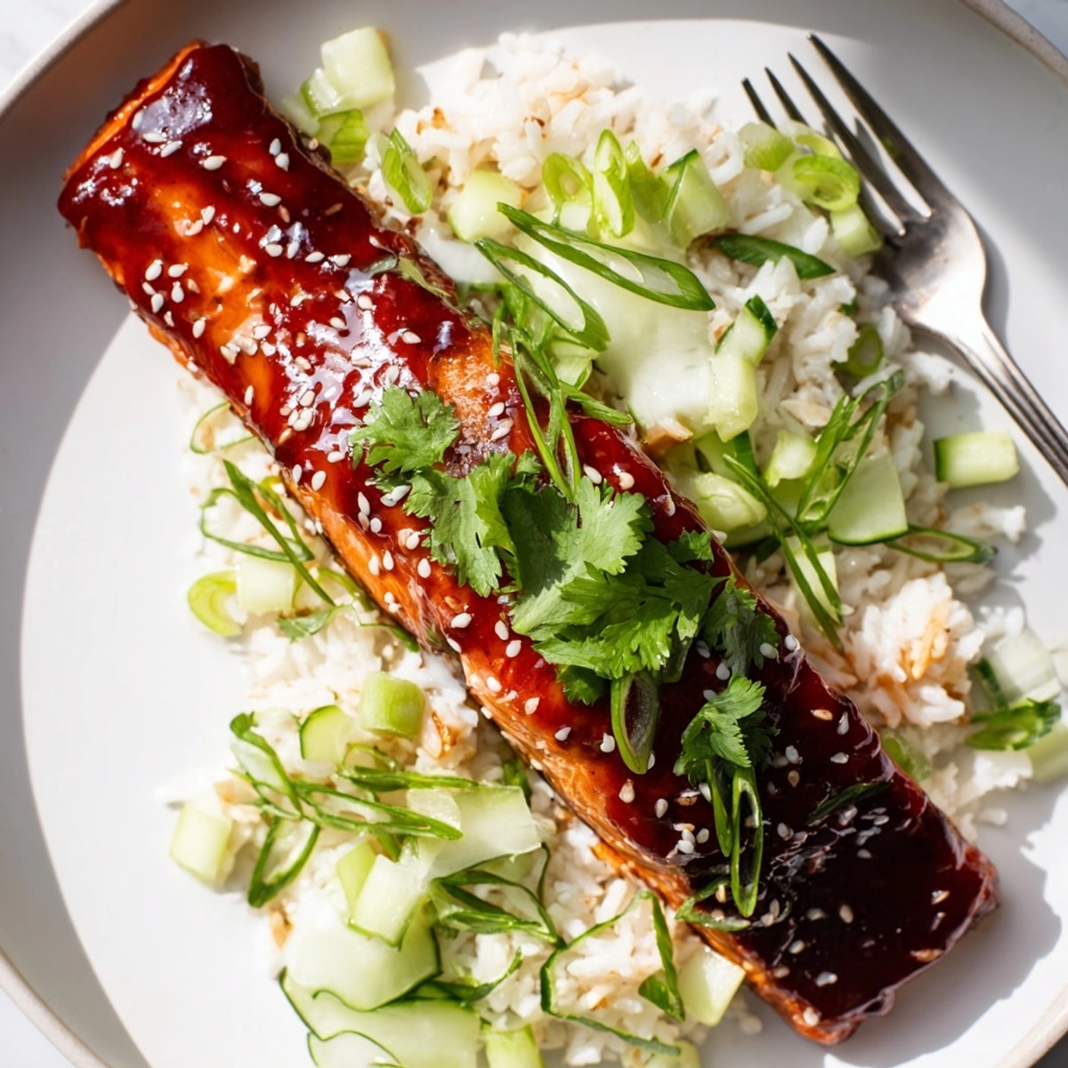Sweet and spicy Sriracha Glazed Salmon & Cucumber Rice plated; ready for a quick weeknight dinner.