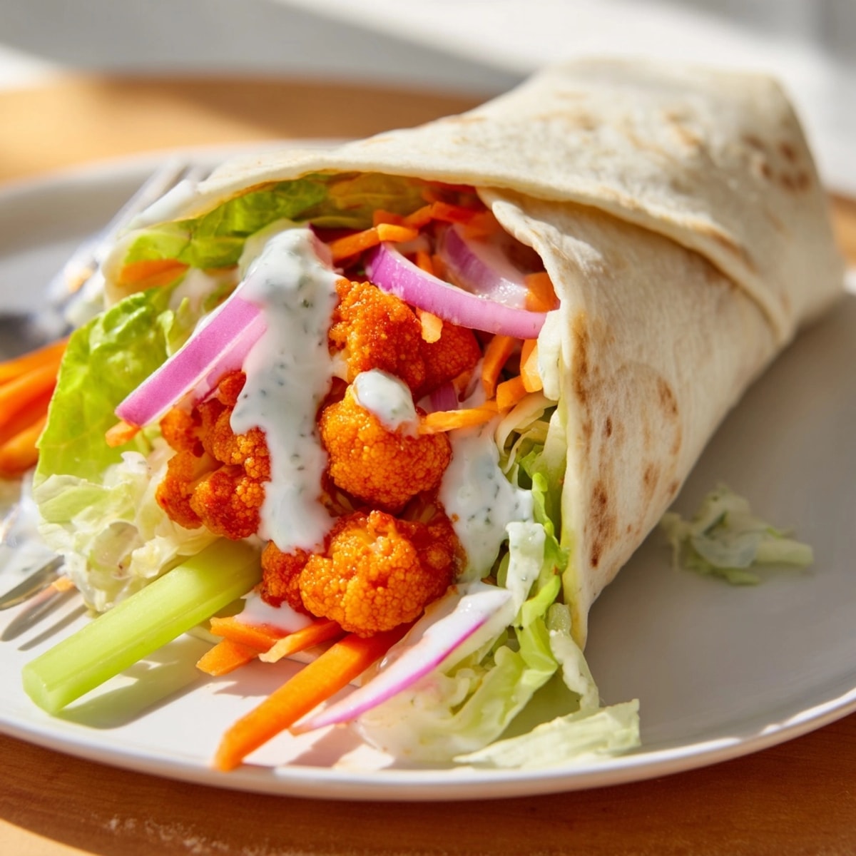 Crispy Buffalo Cauliflower Wraps with creamy blue cheese—a spicy, vegetarian delight on a plate.