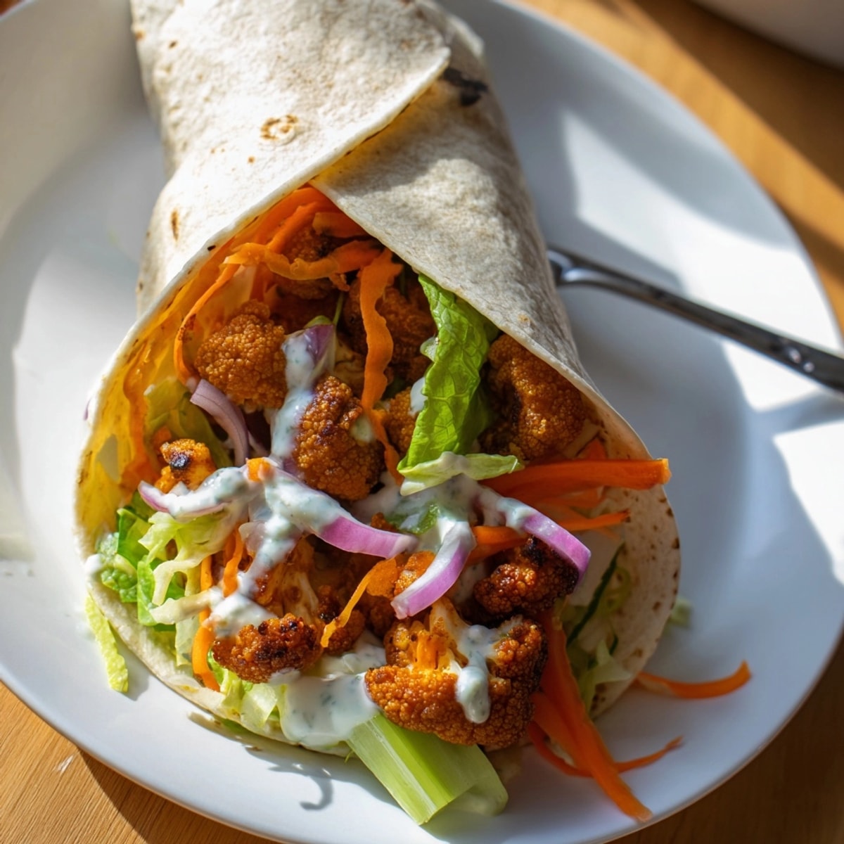 Golden Buffalo Cauliflower Wraps: imagine tender, spicy cauliflower with cool, tangy dressing.