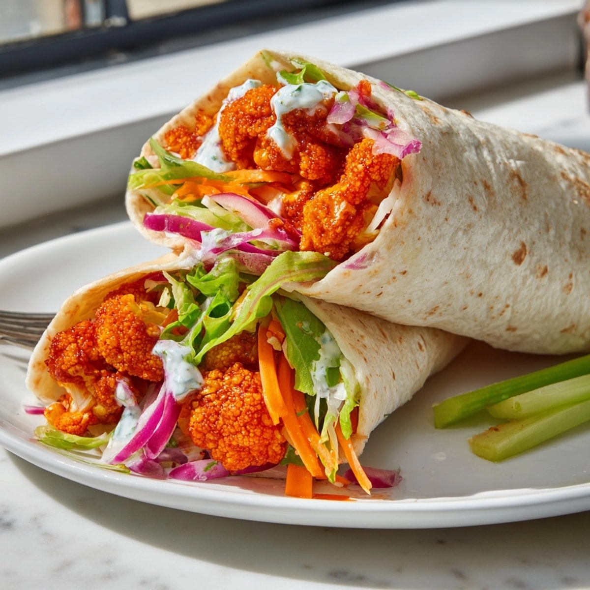 Savory Buffalo Cauliflower Wraps, baked until crispy, filled with fresh veggies and zesty sauce.