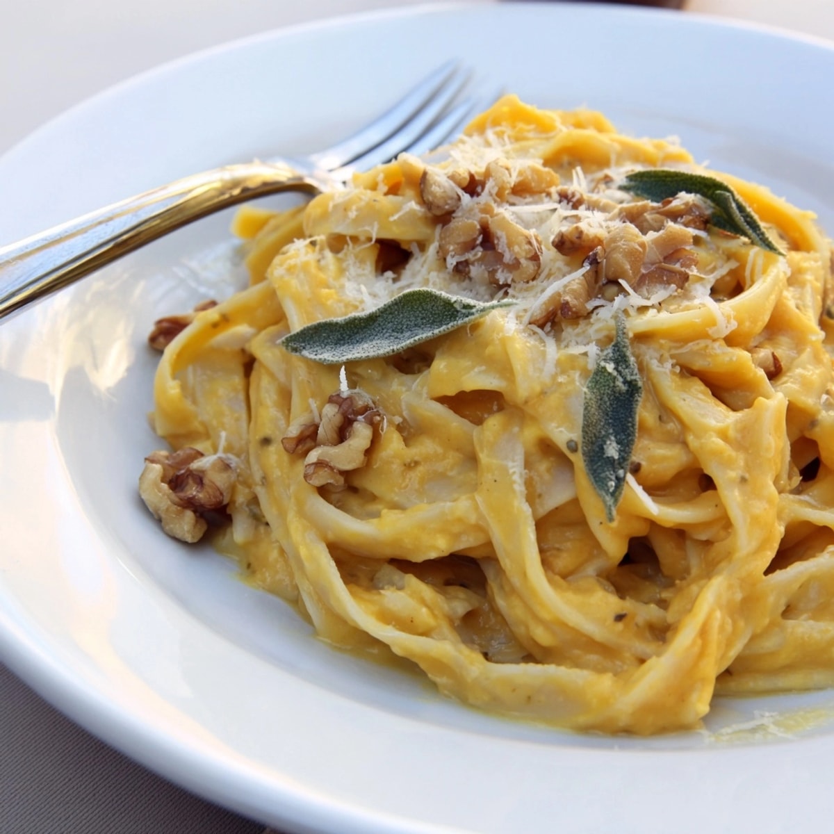 Close up of creamy Pumpkin Pasta with Sage & Walnuts, sprinkled with toasted nuts.