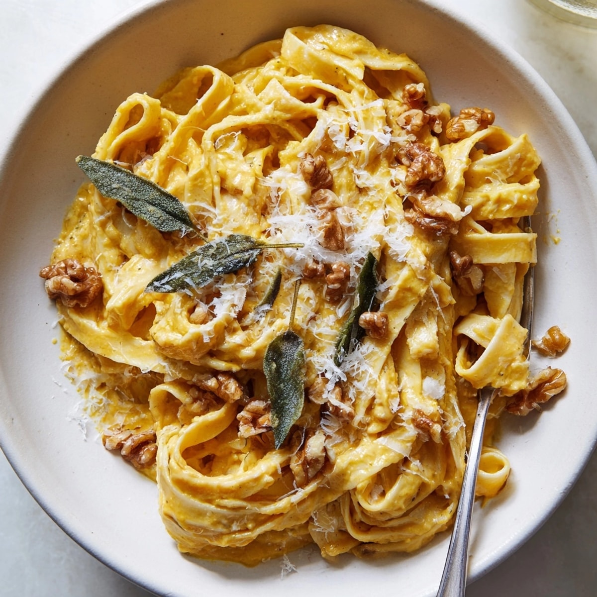 Golden Pumpkin Pasta with Sage & Walnuts, a comforting autumn dinner, served hot.
