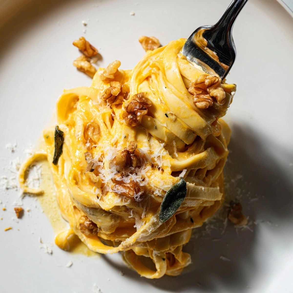 Delicious vegetarian Pumpkin Pasta with Sage & Walnuts; fragrant sage highlights rich pumpkin.