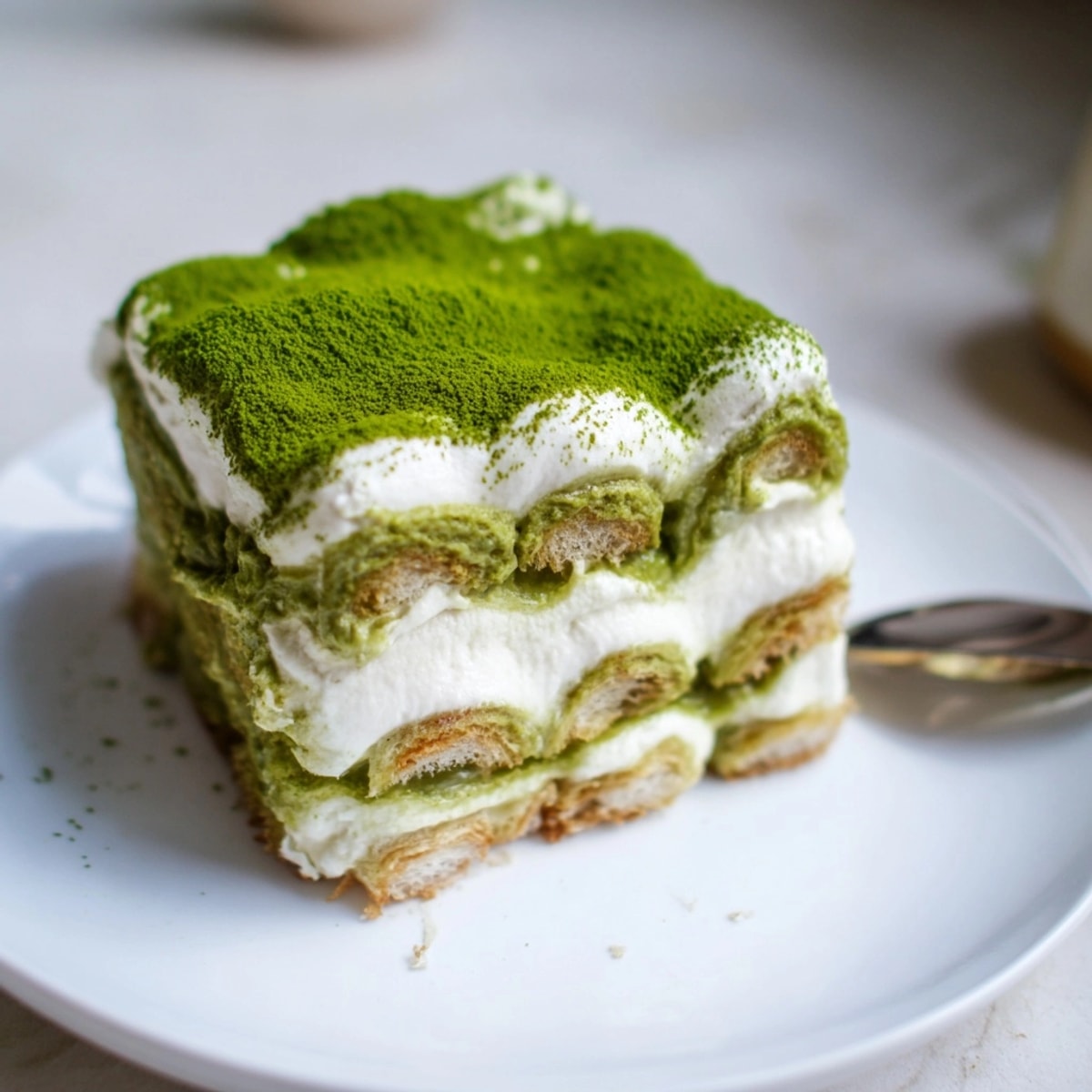 Vibrant Matcha Tiramisu layers: creamy mascarpone and matcha-soaked ladyfingers dusted with green tea powder.