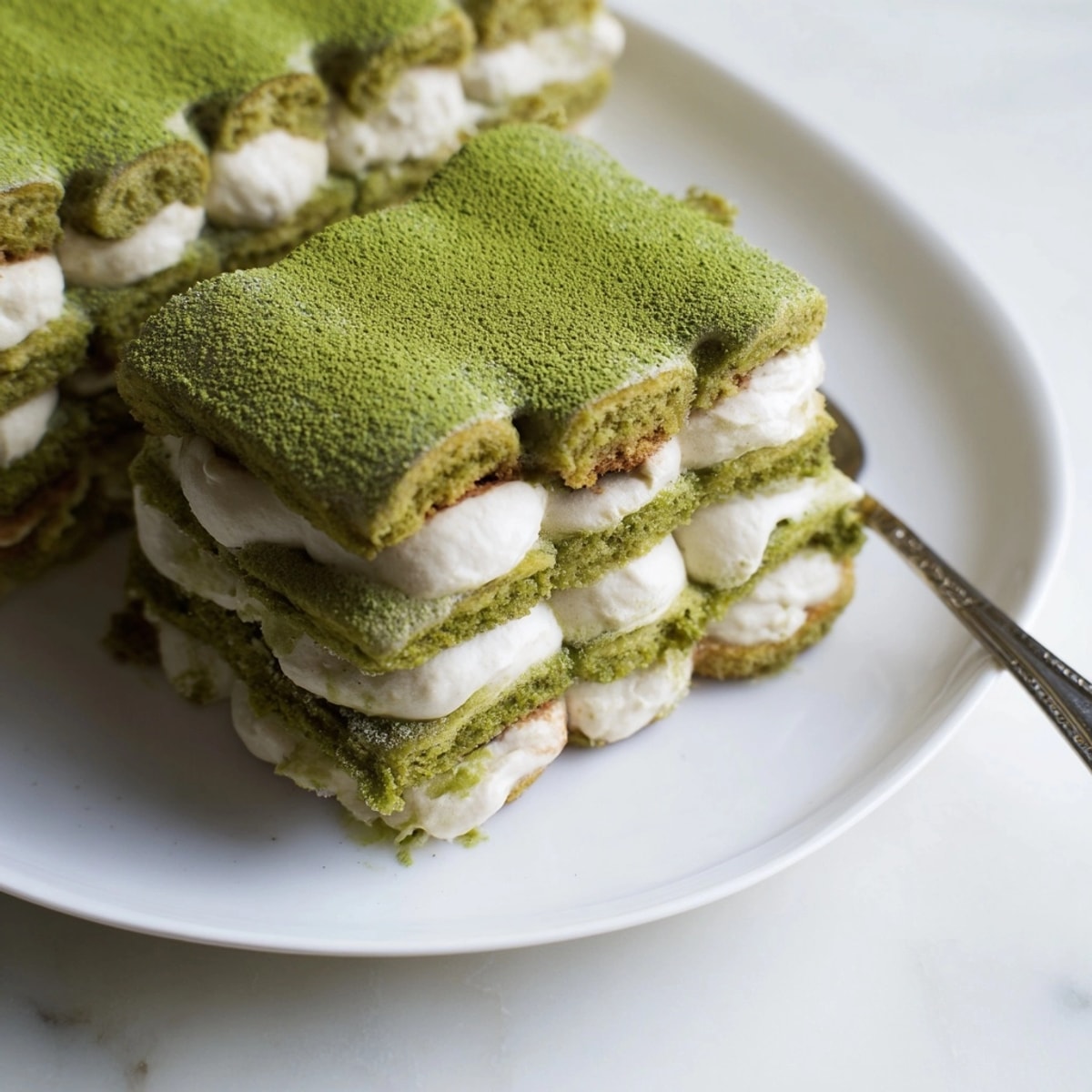 Close-up of homemade Matcha Tiramisu showcasing delicate layers of cream and green-tea-infused ladyfingers.