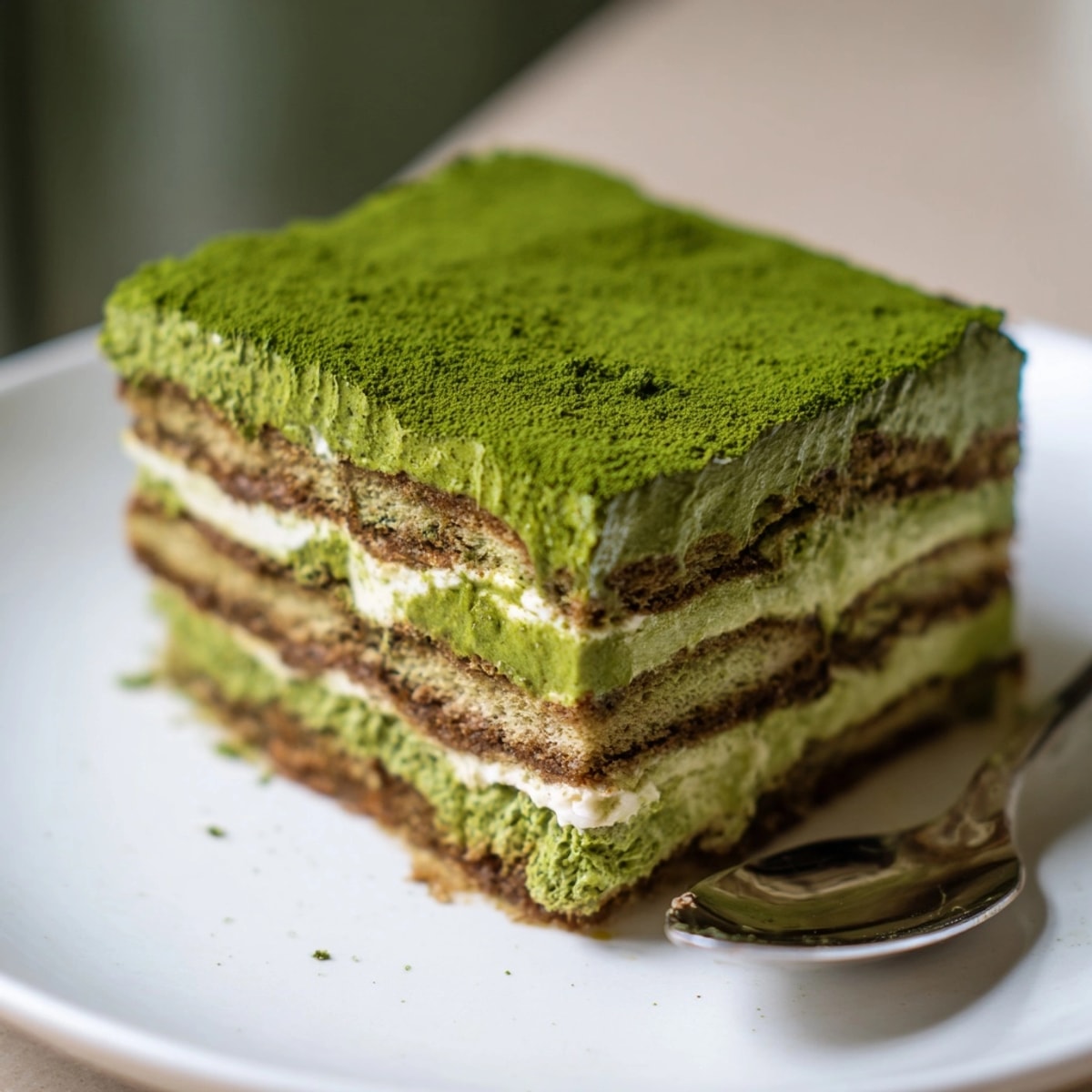 Rich, green Matcha Tiramisu dessert, chilled and ready to serve, dusted with vivid matcha powder.