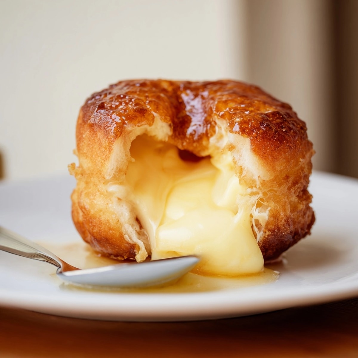 Close-up of a Cr&egrave;me Br&ucirc;l&eacute;e Donut, revealing a creamy center; perfect brunch treat.