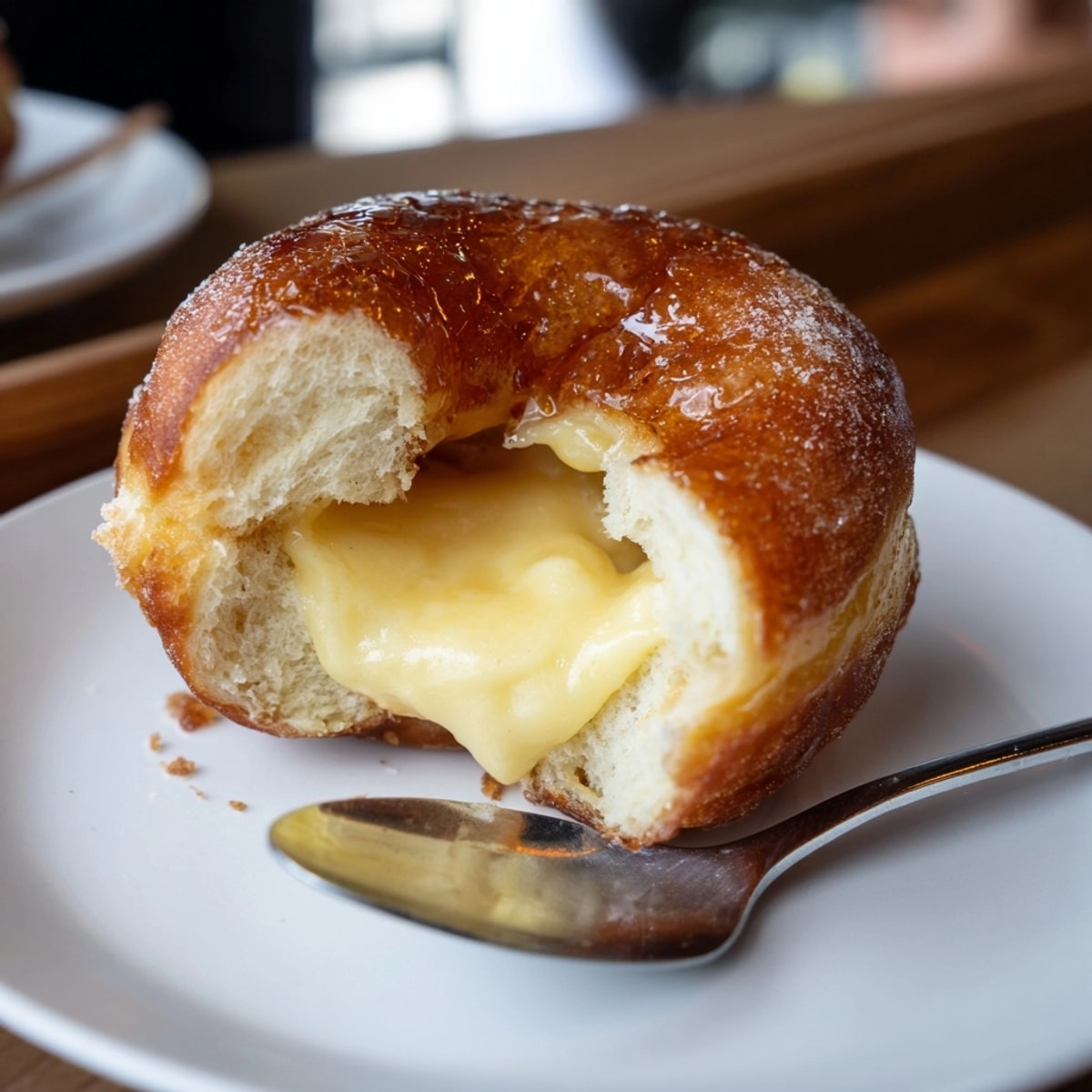 Homemade Cr&egrave;me Br&ucirc;l&eacute;e Donuts: rich custard oozing from a soft, caramelized, fried dough.