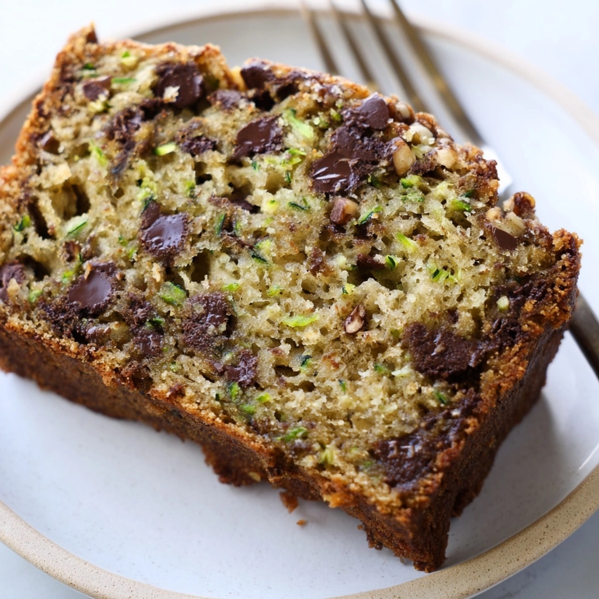 Slices of moist Chocolate Chip Zucchini Bread, ready to enjoy with butter.