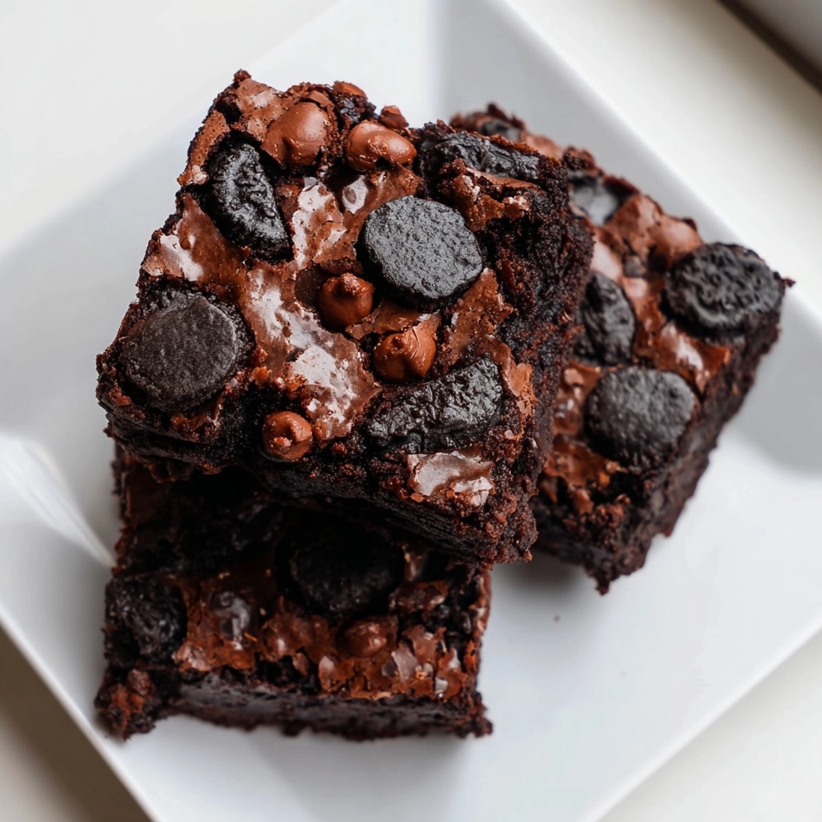 Fudgy Oreo Brownie Bars: close-up showing chocolate chips and crumbly Oreo pieces.