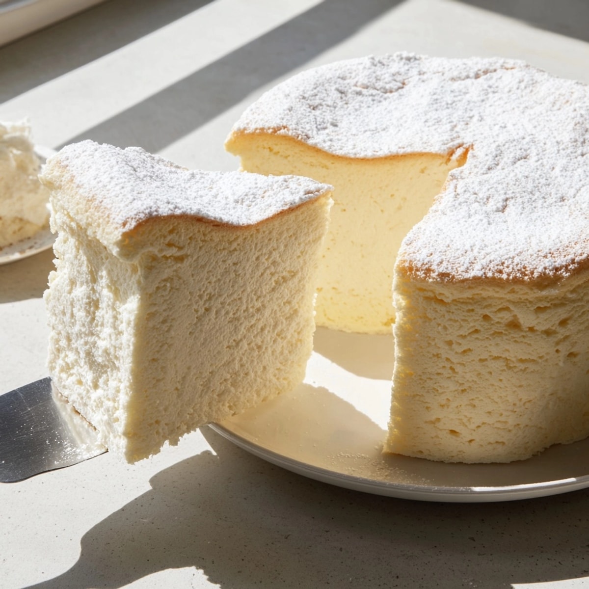 Delicate slices of airy Japanese Cotton Cheesecake; a moist and tender dessert.