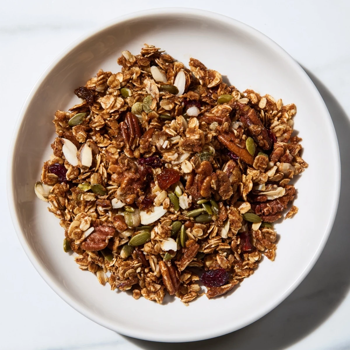 Warm and golden gingerbread granola, a delicious and crunchy breakfast made with holiday spices.