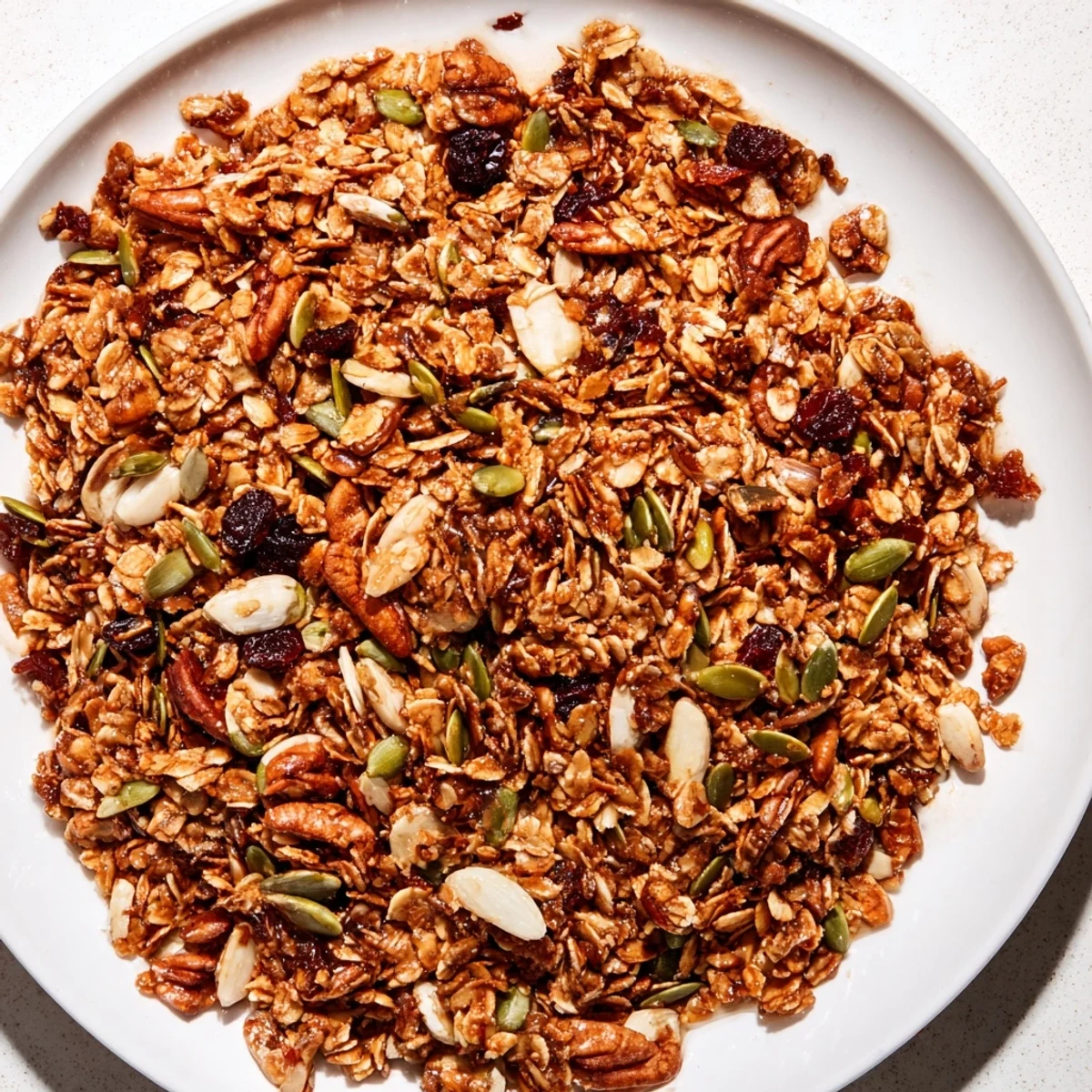 Homemade gingerbread granola with pecans and cranberries, perfect for topping yogurt or enjoying as snacks.