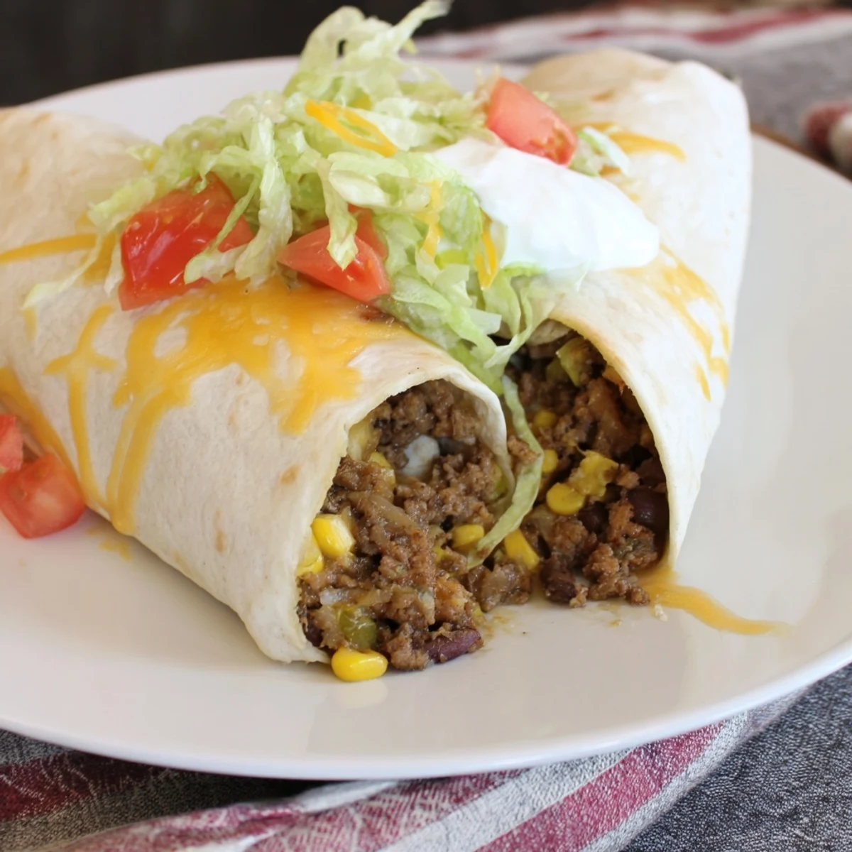 Warm, cheesy beef and bean burritos, a satisfying Mexican-American meal ready to serve.