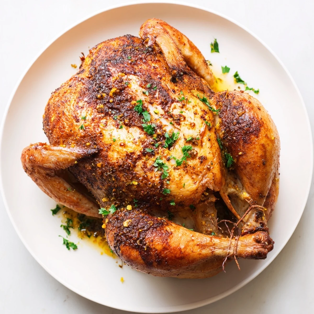 Golden-brown Lemon Garlic Roasted Chicken, juicy with herbs, ready for a delicious American dinner.