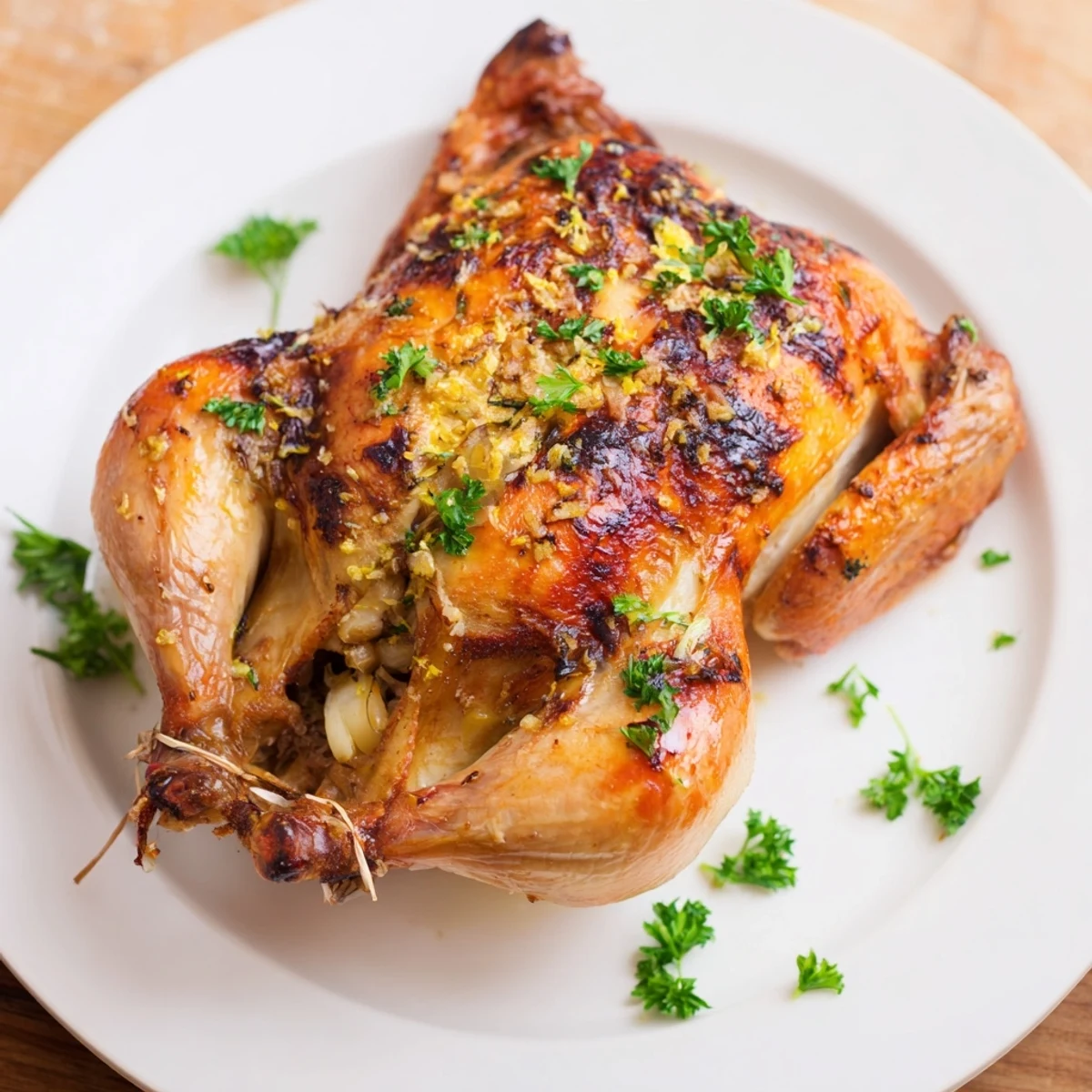 A whole Lemon Garlic Roasted Chicken, glistening and flavorful, served with lemon quarters and fresh herbs.