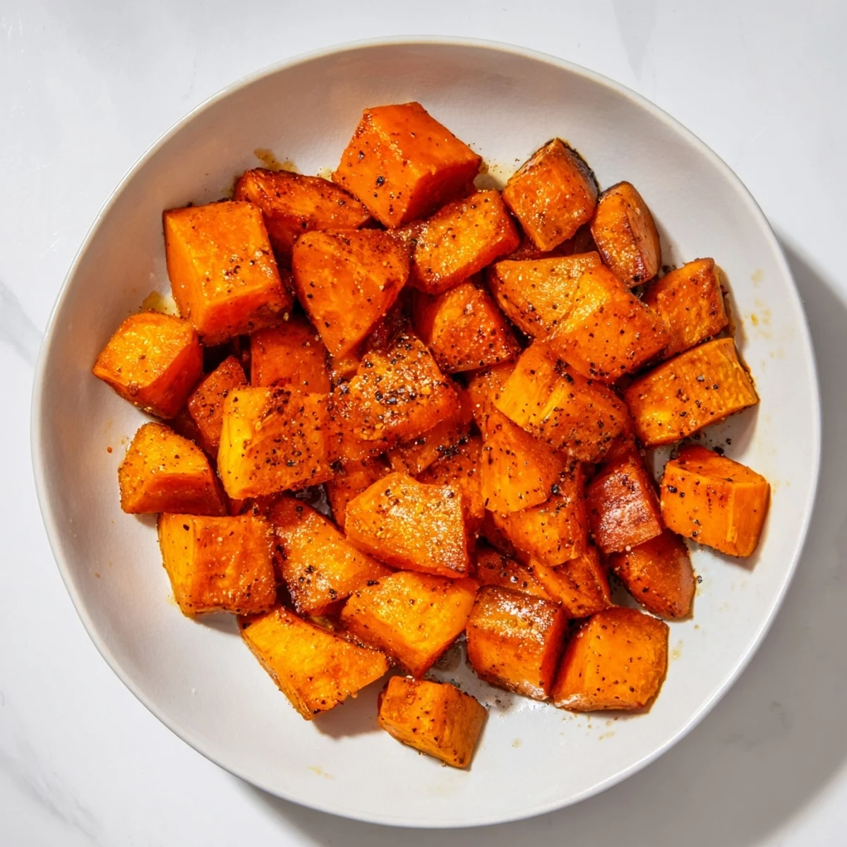 Golden, tender Roasted Sweet Potatoes with Cinnamon, glistening with a maple syrup glaze, ready to serve.
