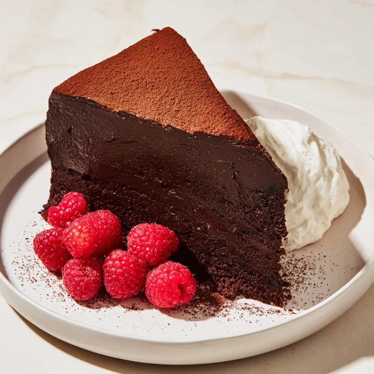 Warm, fudgy slice of decadent Chocolate Rich dessert dusted with cocoa and served with raspberries.