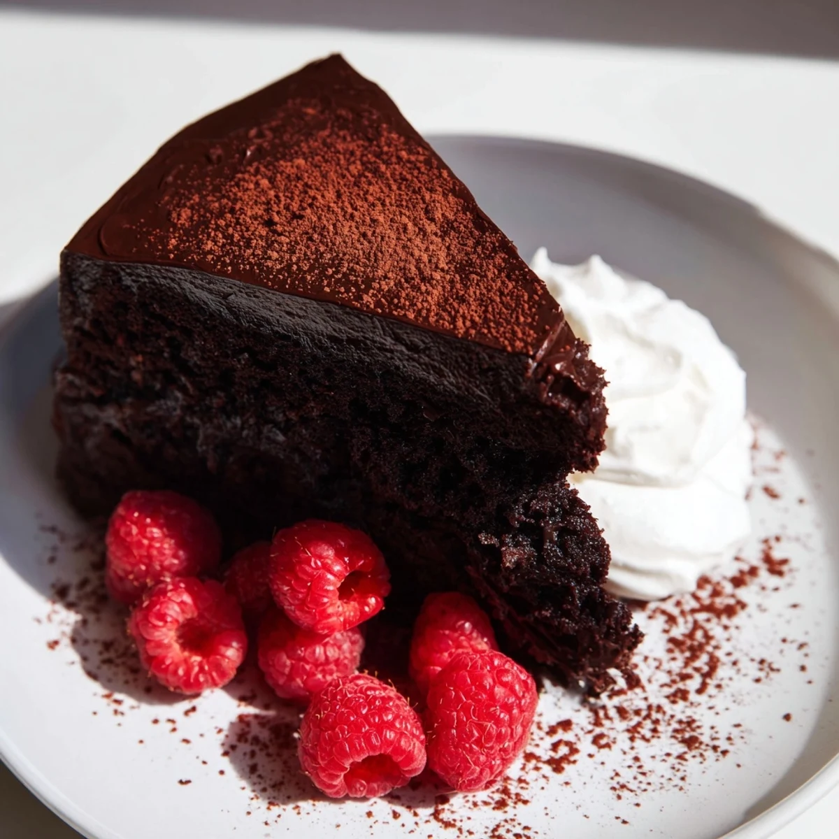 A close-up of a rich, glistening Chocolate Rich cake, perfect for a special occasion or treat.