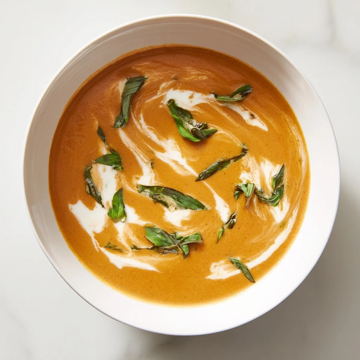 Steaming bowl of creamy tomato basil soup, garnished with fresh basil leaves for a delightful meal.