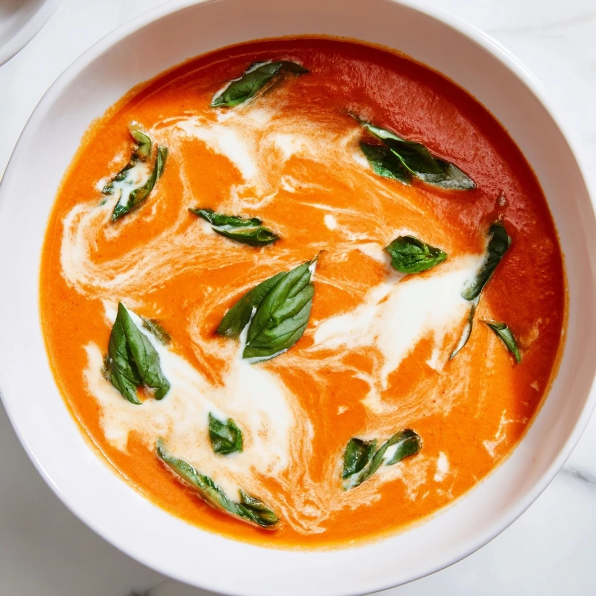 Vibrant image of homemade creamy tomato basil soup, revealing a rich texture perfect for dipping bread.