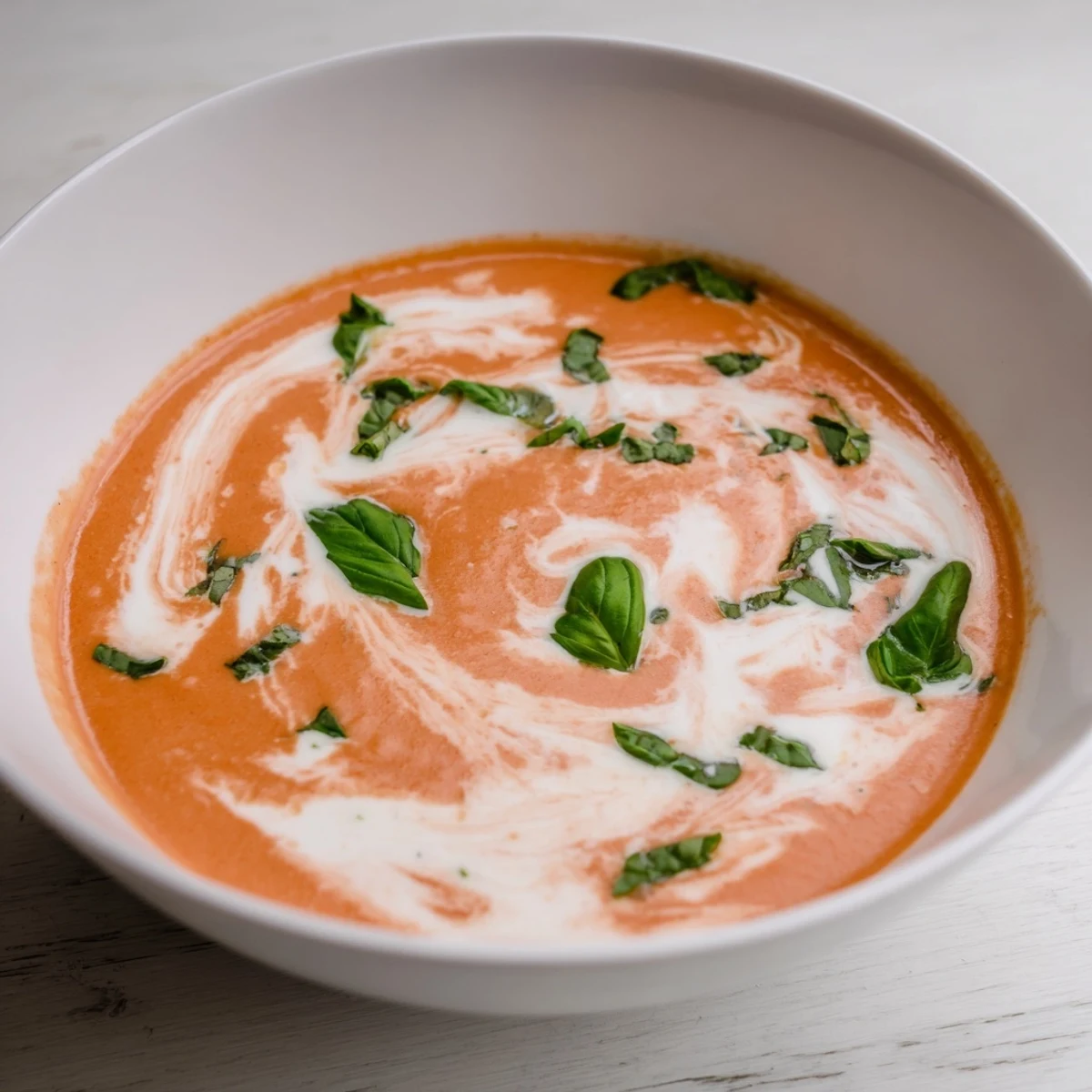 Quick recipe: a beautiful close-up of creamy tomato basil soup with a swirl of cream.