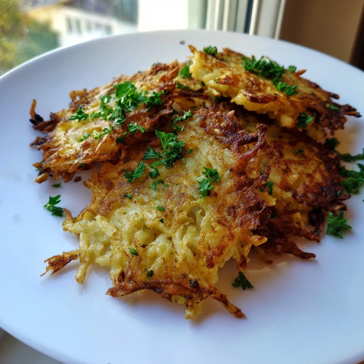 Golden-brown crispy potato latkes, fried to perfection and ready to be served with traditional toppings.