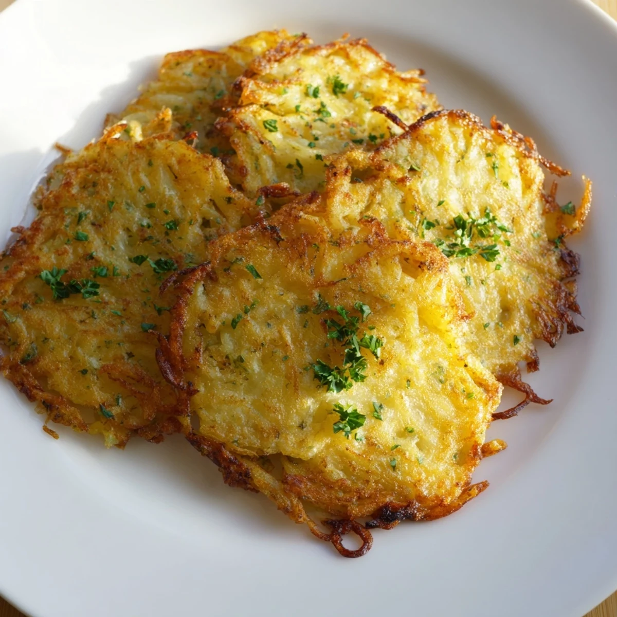A stack of freshly-made crispy potato latkes, with delicious, golden edges and a tender inside texture.