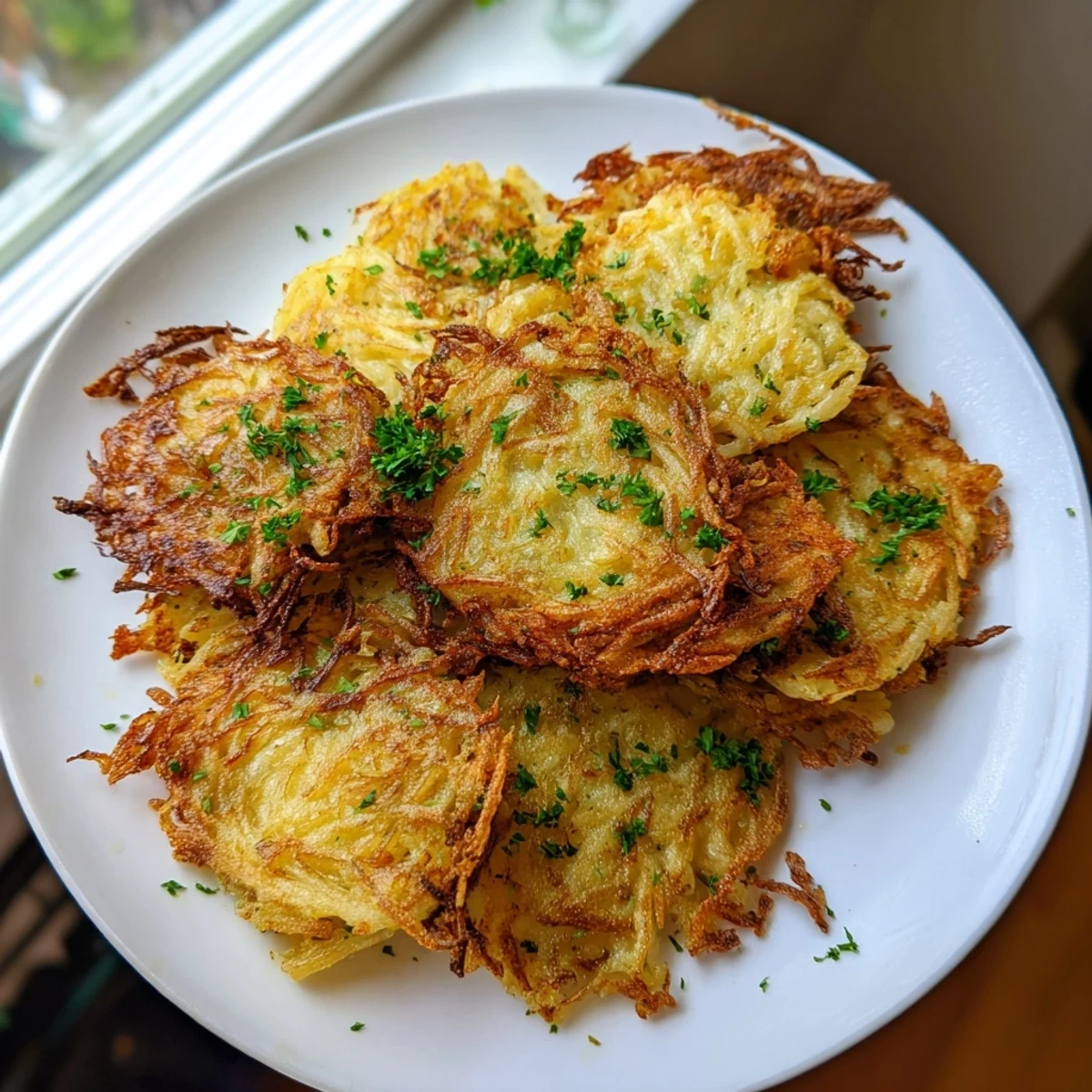 Enjoy the savory aroma of crispy potato latkes, pictured sizzling in a pan, a classic comfort food.