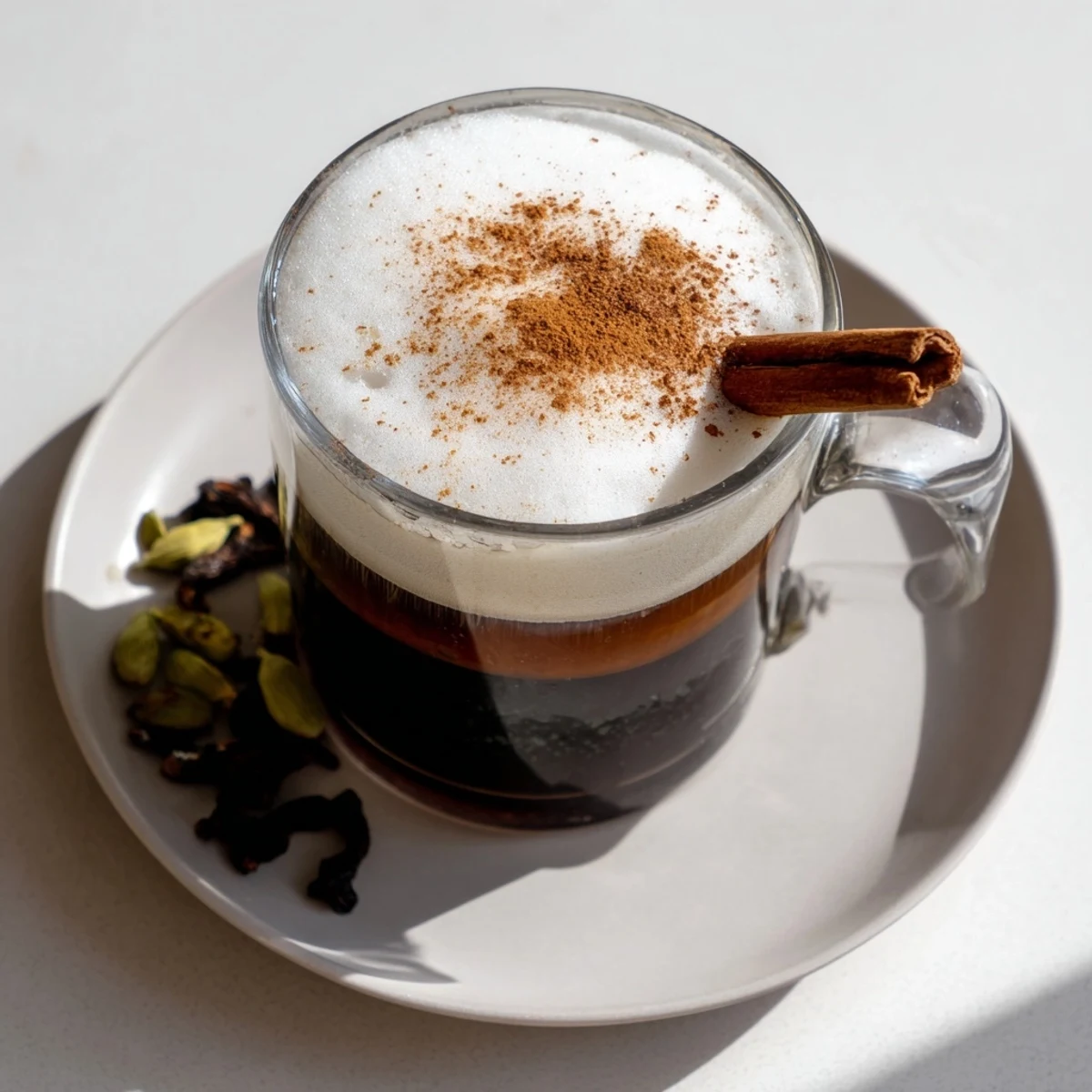 Steaming spiced chai tea latte, with frothed milk, cinnamon, and cozy, warming aromas.