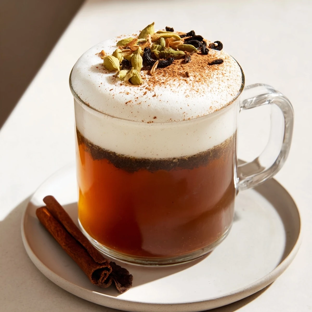 A visually appealing, creamy spiced chai tea latte served in a mug, ready to be enjoyed.
