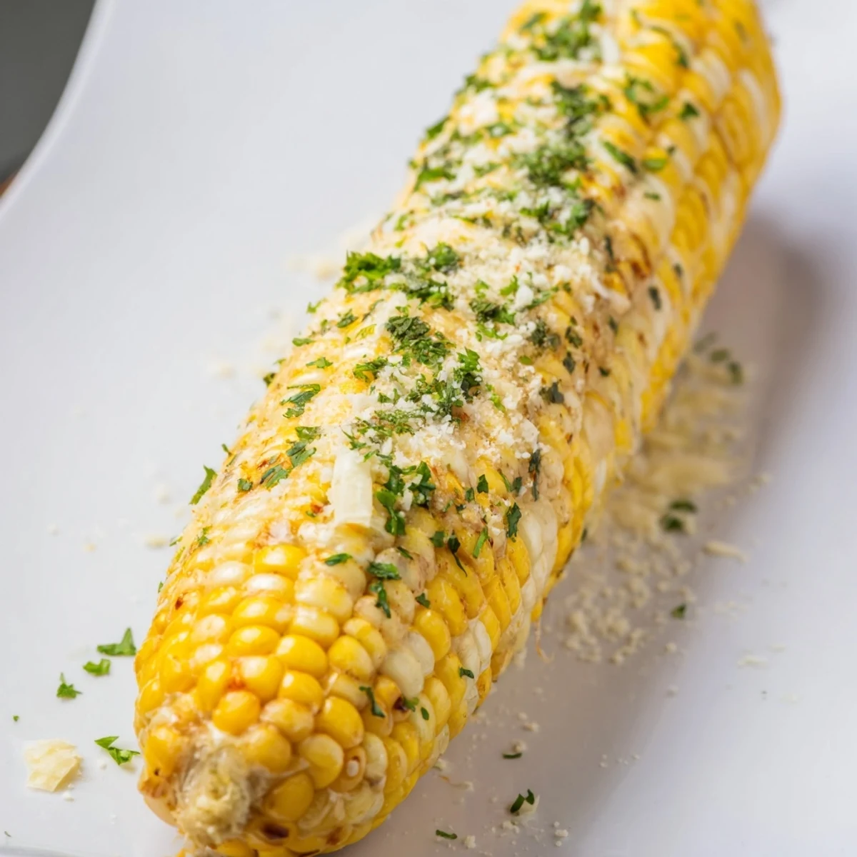 Golden-yellow garlic butter corn on the cob, glistening after being brushed with herbs.