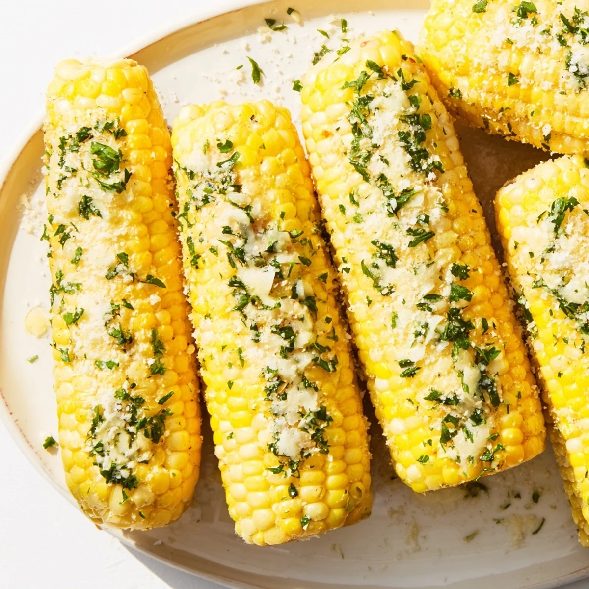 Close-up of vibrant garlic butter corn on the cob, ready to eat this summer.