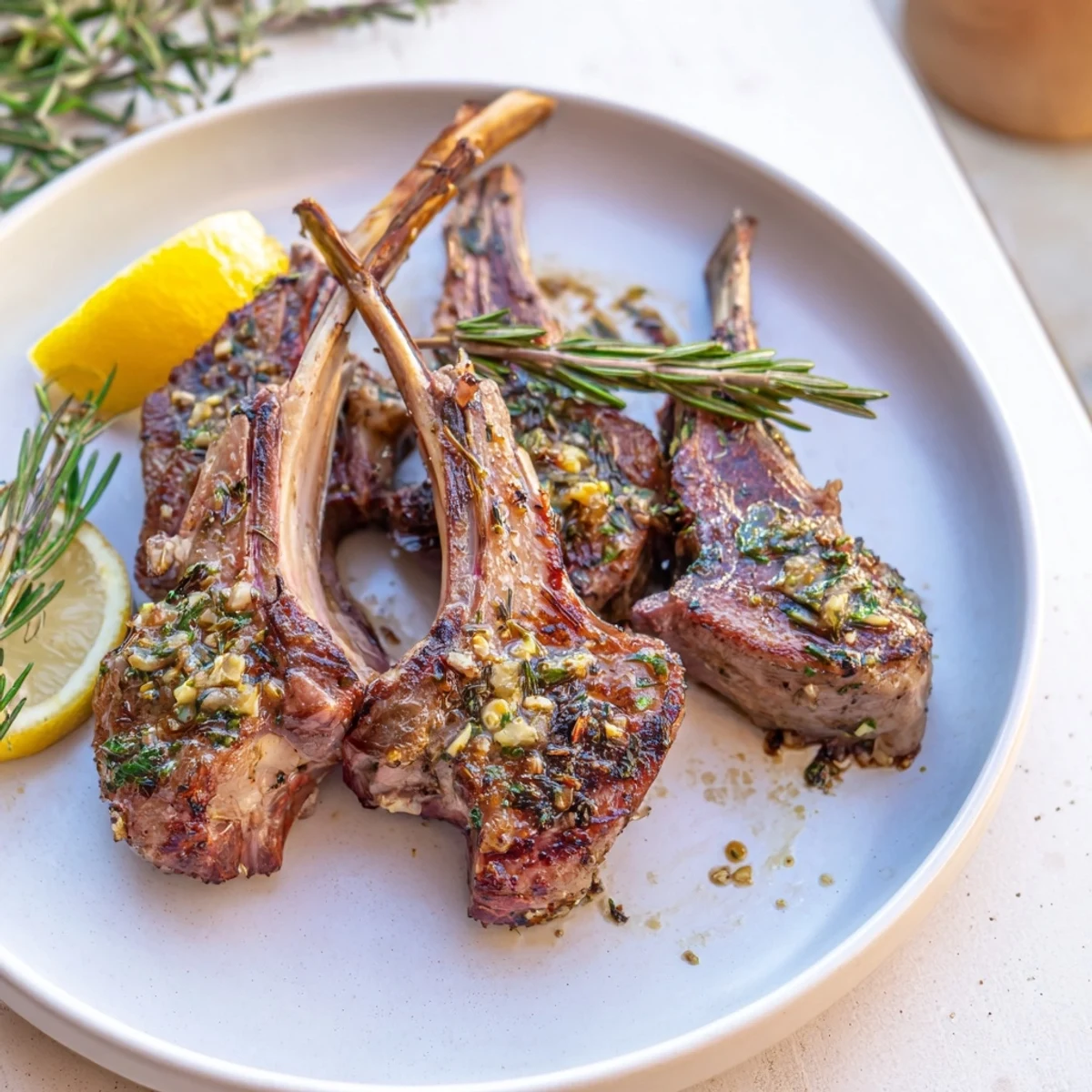 Golden-brown roasted lamb chops glistening, infused with rosemary and ready for a delicious meal.