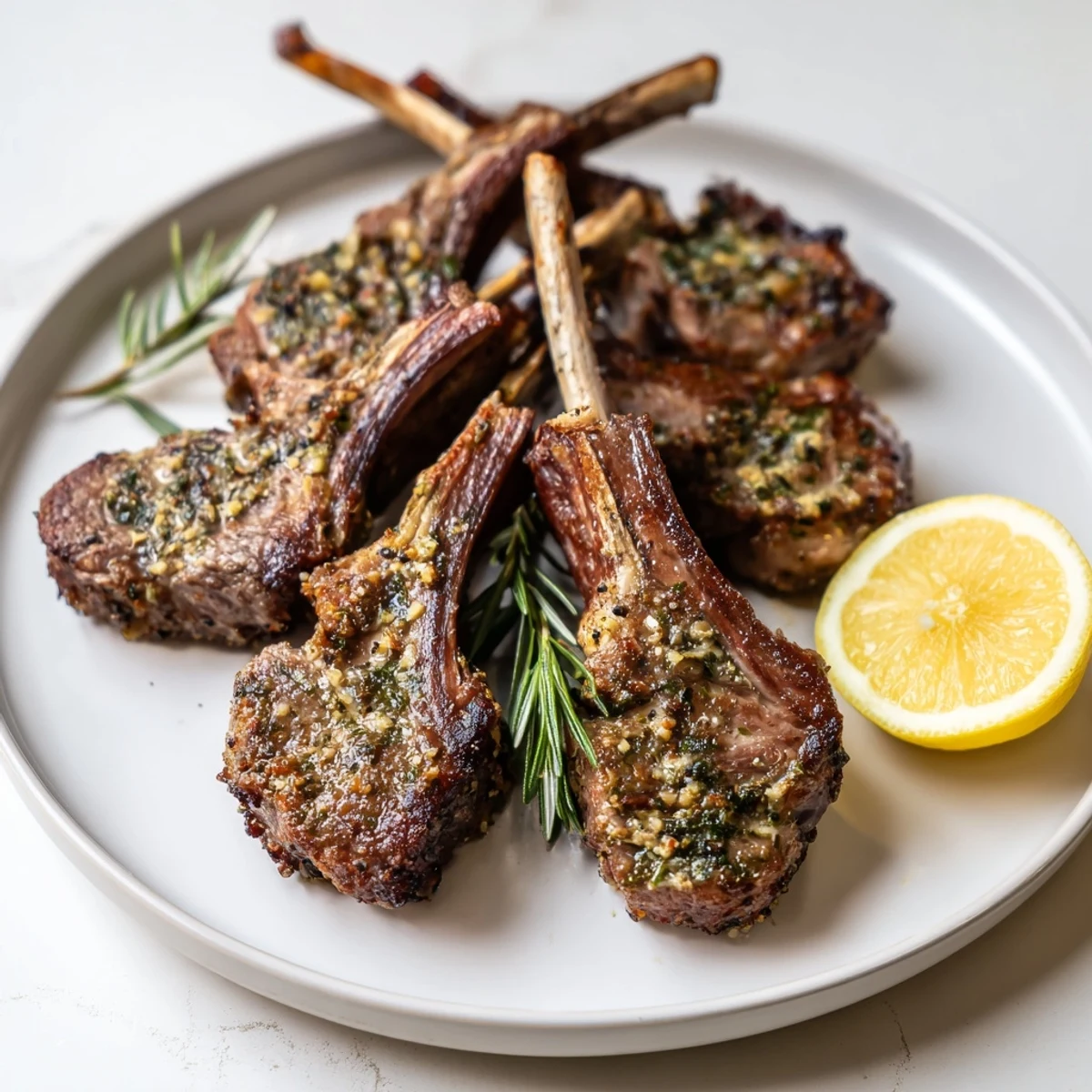 A flavorful plate of roasted lamb chops, garnished with lemon, offering a Mediterranean taste sensation.