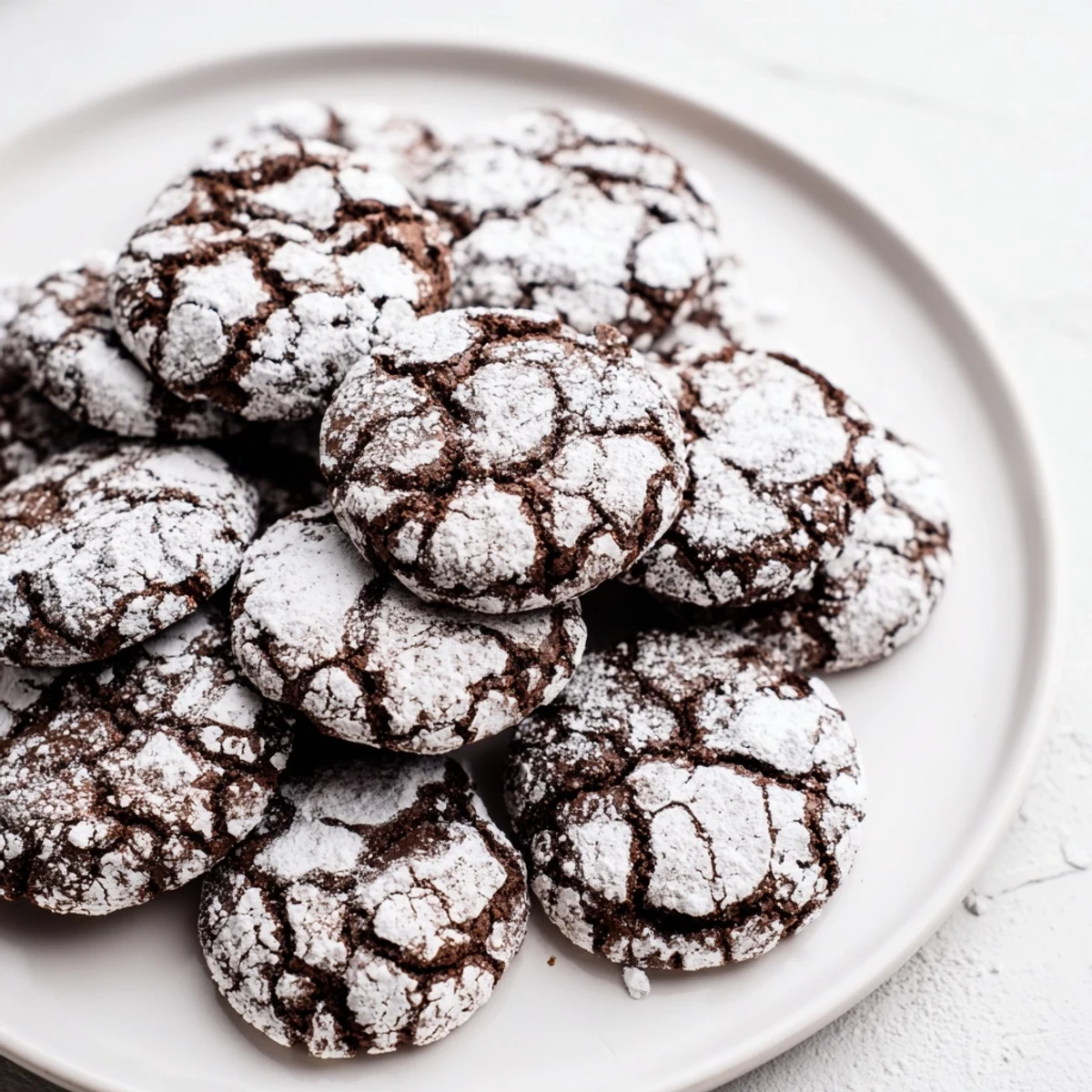 Close-up of freshly baked Chocolate Crinkle Cookies, dusted with powdered sugar and ready to enjoy.