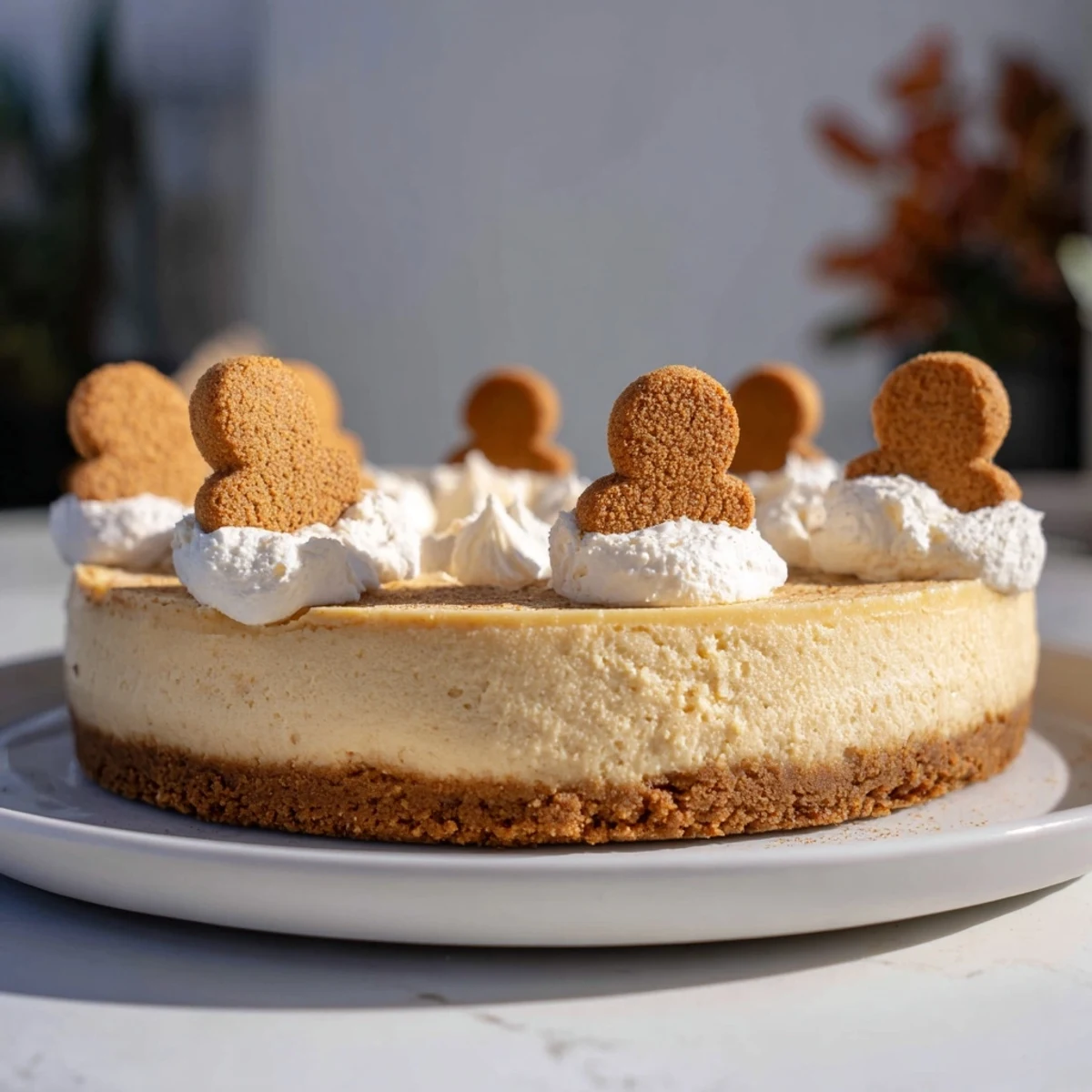 Gingerbread cheesecake topped with whipped cream, ready to serve for a festive holiday dessert.